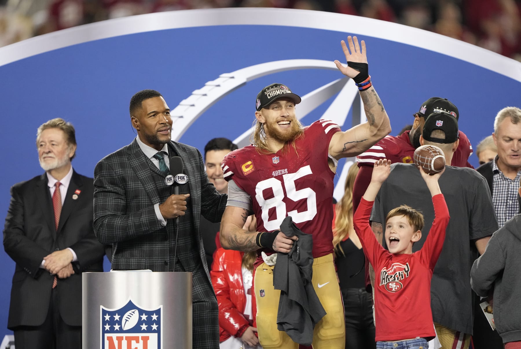 SANTA CLARA, CALIFORNIA - JANUARY 28: George Kittle #85 of the San Francisco 49ers reacts after defeating the Detroit Lions 34-31 in the NFC Championship Game at Levi's Stadium on January 28, 2024 in Santa Clara, California. (Photo by Thearon W. Henderson/Getty Images)