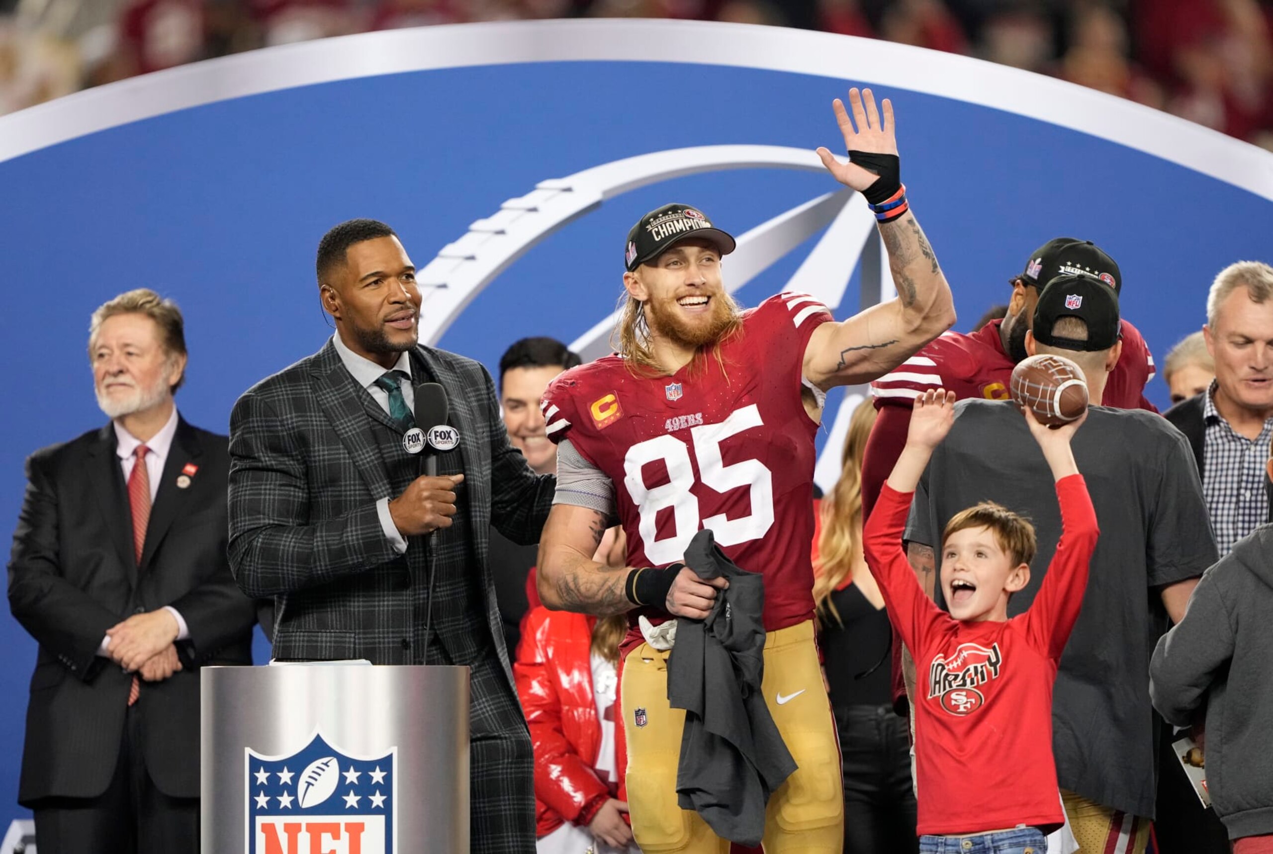 SANTA CLARA, CALIFORNIA - JANUARY 28: George Kittle #85 of the San Francisco 49ers reacts after defeating the Detroit Lions 34-31 in the NFC Championship Game at Levi's Stadium on January 28, 2024 in Santa Clara, California. (Photo by Thearon W. Henderson/Getty Images)