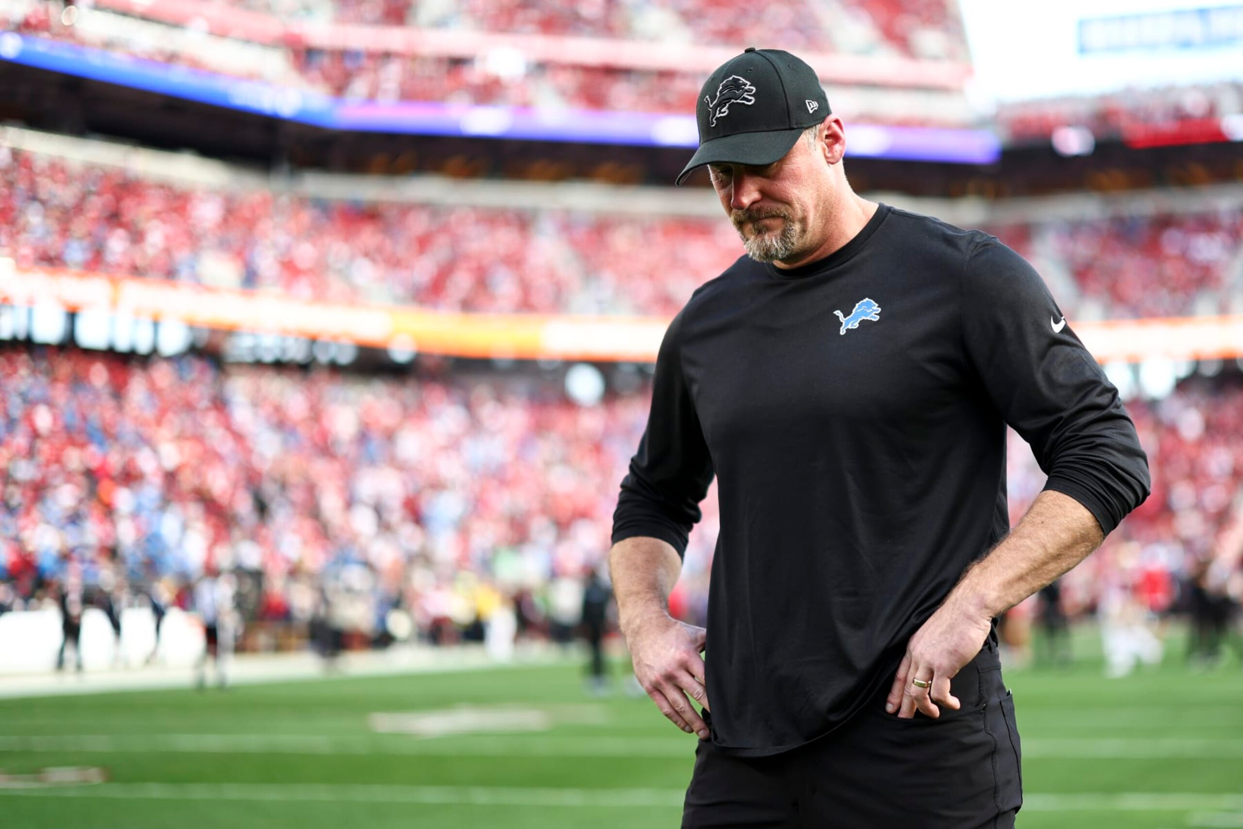 SANTA CLARA, CA - JANUARY 28: Head coach Dan Campbell of the Detroit Lions looks down prior to the NFC Championship NFL football game against the San Francisco 49ers at Levi's Stadium on January 28, 2024 in Santa Clara, California. (Photo by Kevin Sabitus/Getty Images)