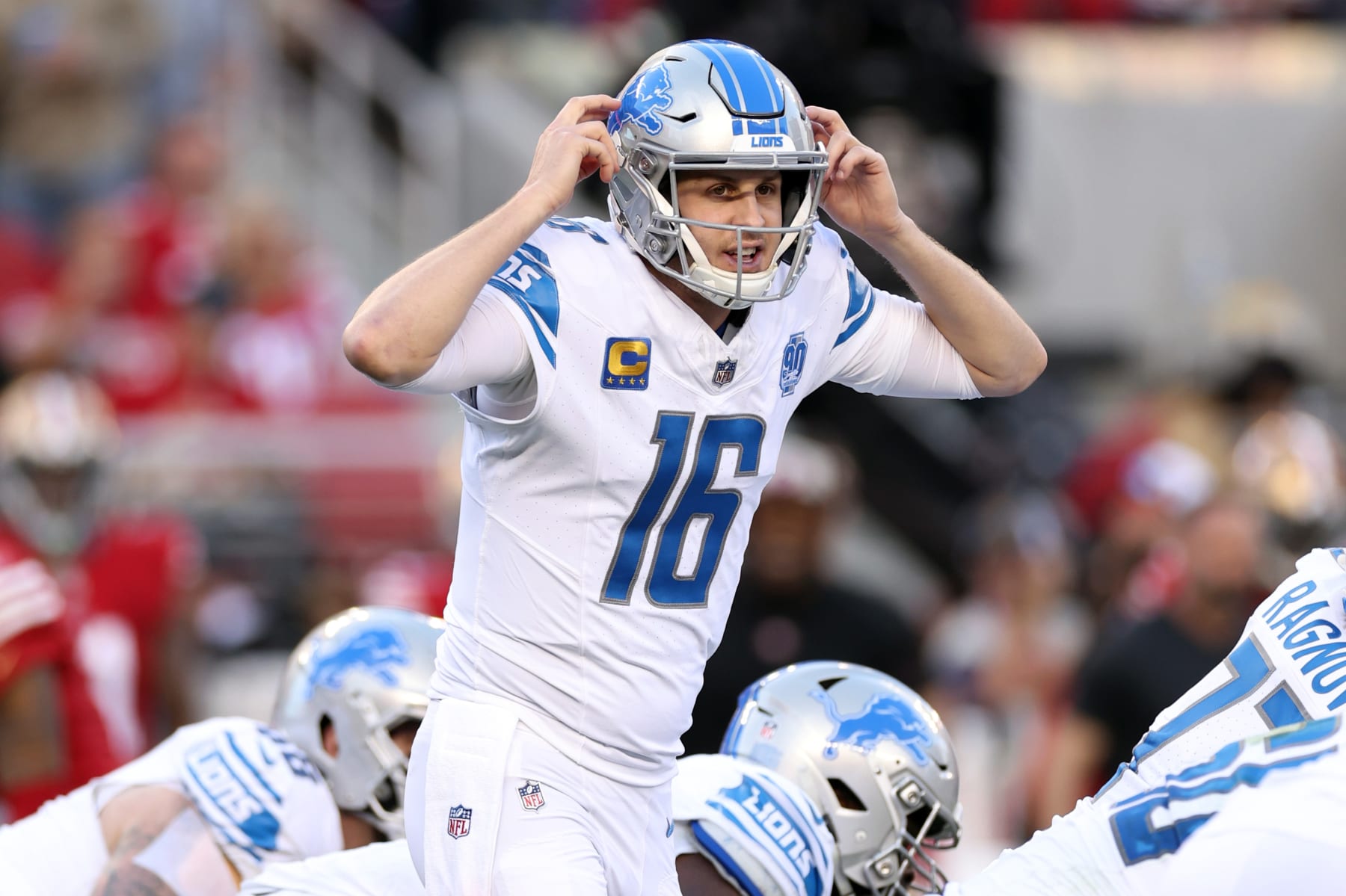 SANTA CLARA, CALIFORNIA - JANUARY 28: Jared Goff #16 of the Detroit Lions calls a play at the line during the second quarter against the San Francisco 49ers in the NFC Championship Game at Levi's Stadium on January 28, 2024 in Santa Clara, California. (Photo by Ezra Shaw/Getty Images)
