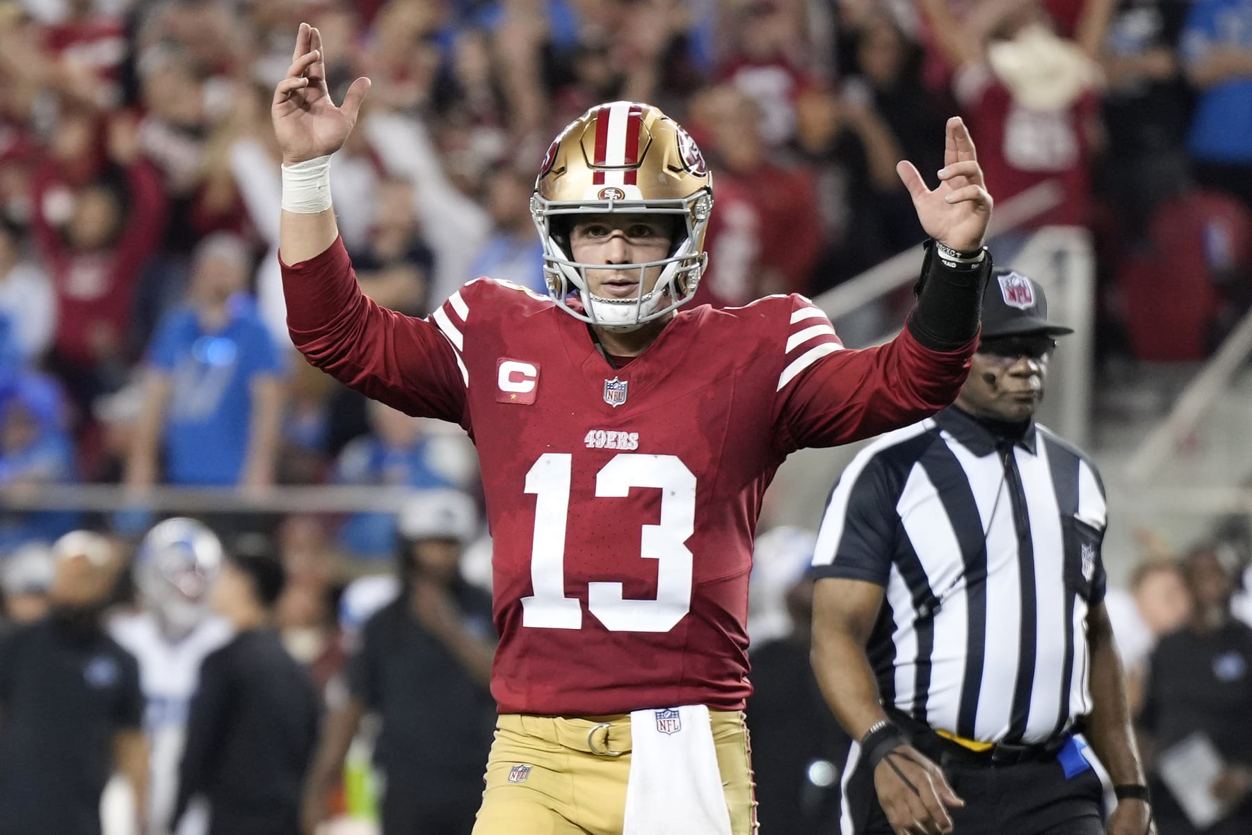 SANTA CLARA, CALIFORNIA - JANUARY 28: Brock Purdy #13 of the San Francisco 49ers reacts after a touchdown during the fourth quarter against the Detroit Lions in the NFC Championship Game at Levi's Stadium on January 28, 2024 in Santa Clara, California. (Photo by Thearon W. Henderson/Getty Images)