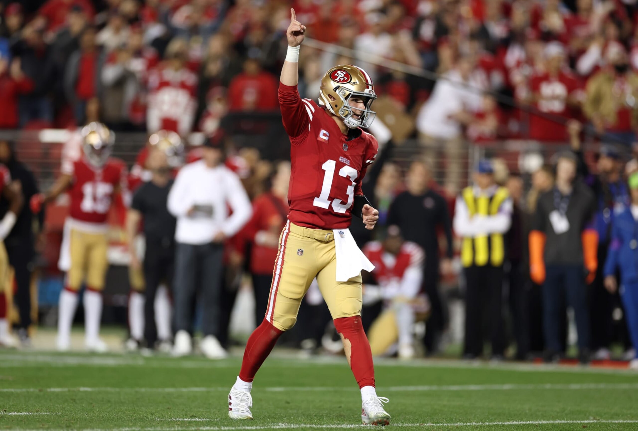 SANTA CLARA, CALIFORNIA - JANUARY 28: Brock Purdy #13 of the San Francisco 49ers reacts after a touchdown during the third quarter against the Detroit Lions in the NFC Championship Game at Levi's Stadium on January 28, 2024 in Santa Clara, California. (Photo by Ezra Shaw/Getty Images)