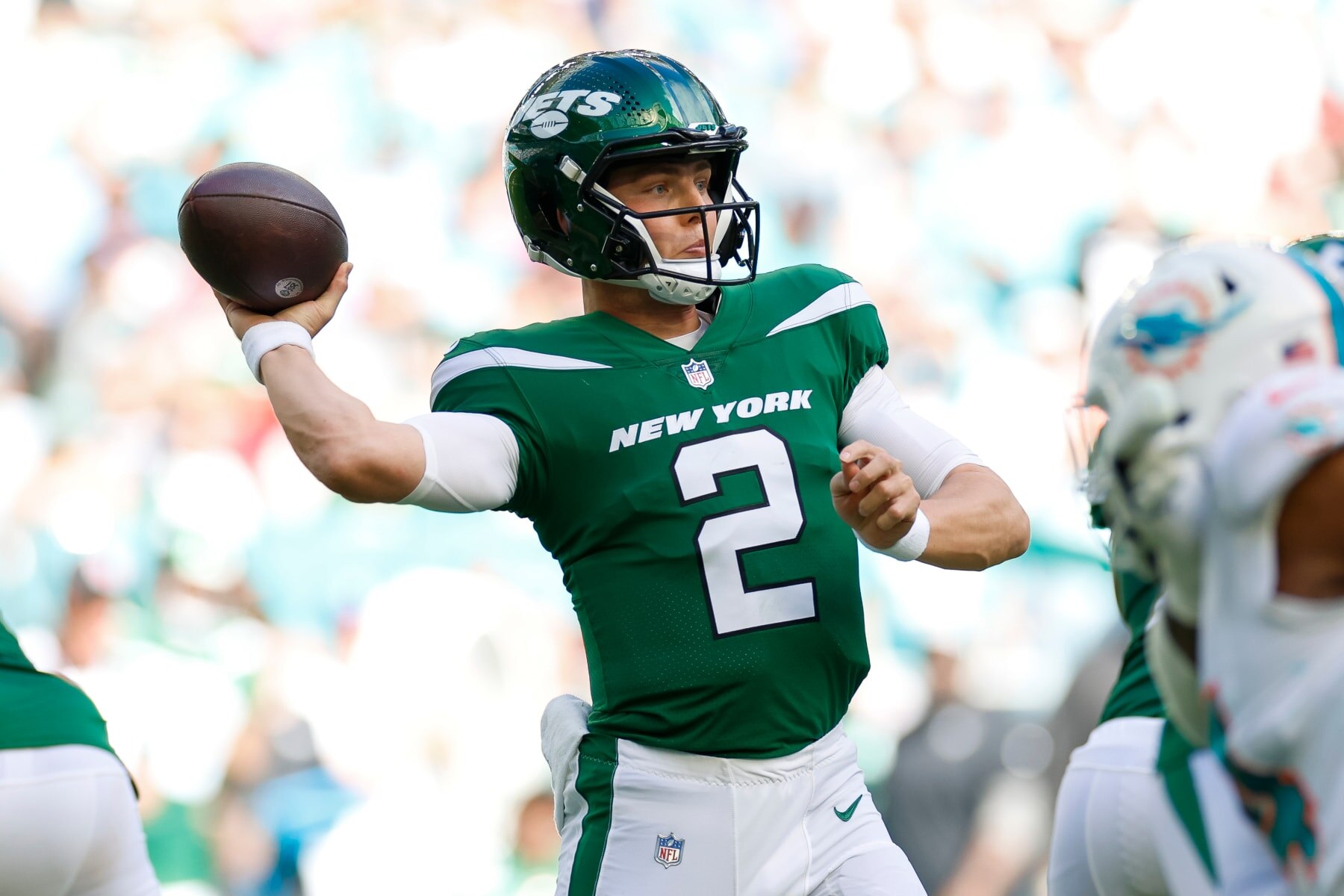 MIAMI GARDENS, FLORIDA - DECEMBER 17: Zach Wilson #2 of the New York Jets passes the ball in the first half during a game against the Miami Dolphins at Hard Rock Stadium on December 17, 2023 in Miami Gardens, Florida. (Photo by Brandon Sloter/Image Of Sport/Getty Images)