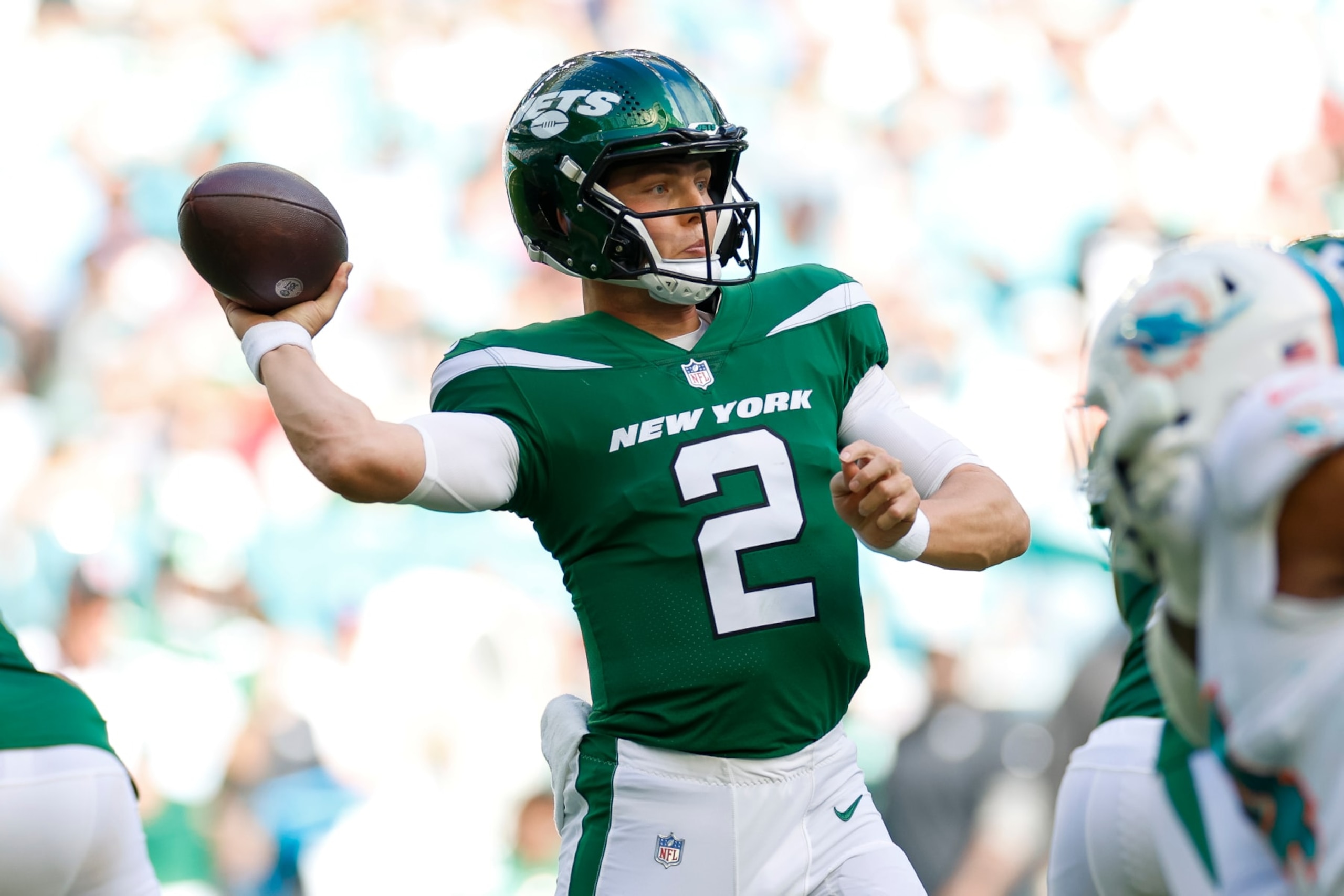 MIAMI GARDENS, FLORIDA - DECEMBER 17: Zach Wilson #2 of the New York Jets passes the ball in the first half during a game against the Miami Dolphins at Hard Rock Stadium on December 17, 2023 in Miami Gardens, Florida. (Photo by Brandon Sloter/Image Of Sport/Getty Images)