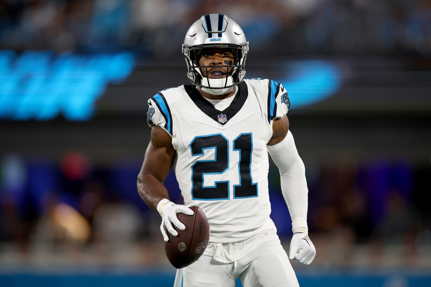 CHARLOTTE, NORTH CAROLINA - SEPTEMBER 18: Jeremy Chinn #21 of the Carolina Panthers reacts to a defensive stop against the New Orleans Saints during the first quarter in the game at Bank of America Stadium on September 18, 2023 in Charlotte, North Carolina. (Photo by Jared C. Tilton/Getty Images)