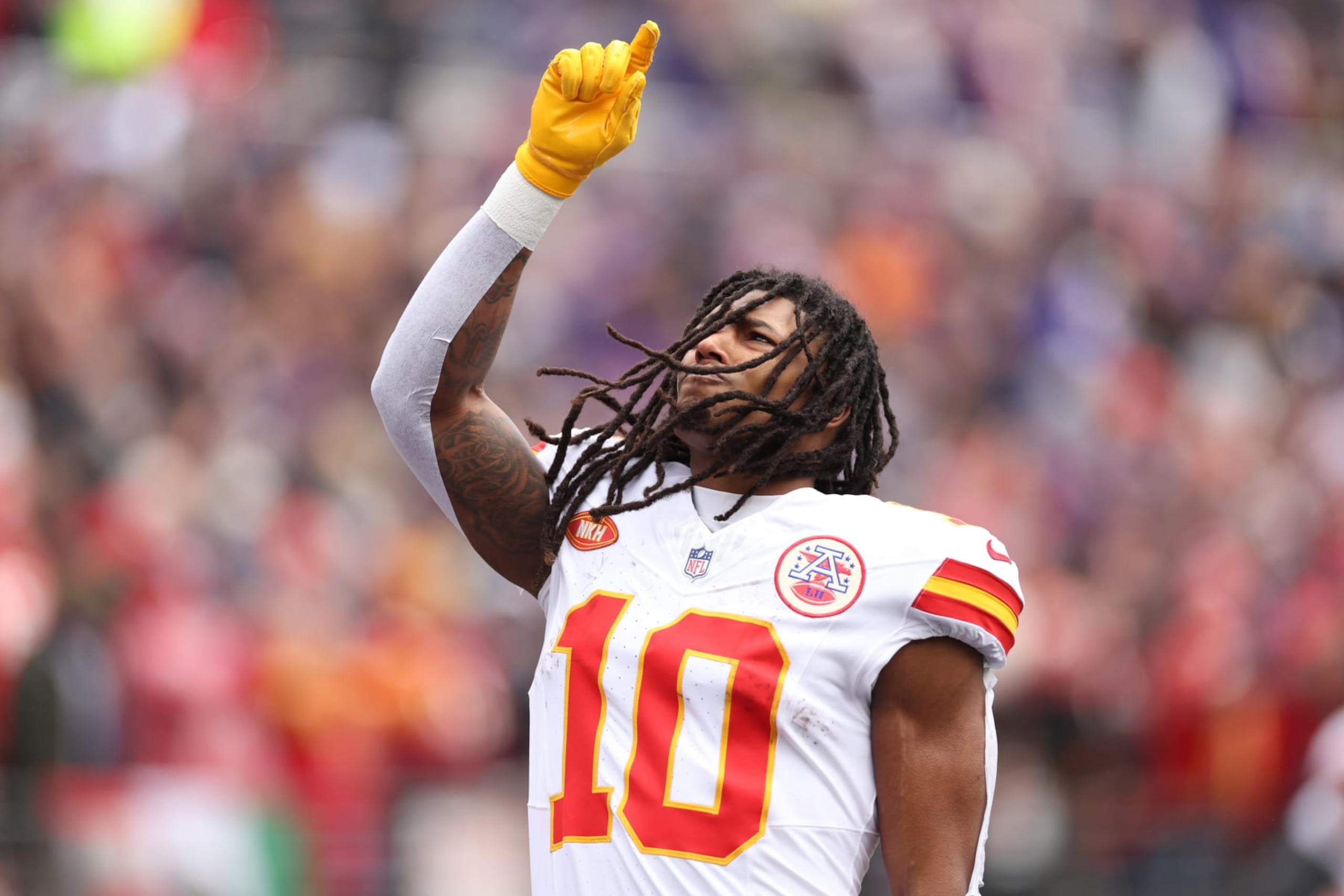 BALTIMORE, MARYLAND - JANUARY 28: Isiah Pacheco #10 of the Kansas City Chiefs takes the field prior to in the AFC Championship Game against the Baltimore Ravens at M&T Bank Stadium on January 28, 2024 in Baltimore, Maryland. (Photo by Patrick Smith/Getty Images) BALTIMORE, MARYLAND - JANUARY 28: Isiah Pacheco #10 of the Kansas City Chiefs takes the field prior to in the AFC Championship Game against the Baltimore Ravens at M&T Bank Stadium on January 28, 2024 in Baltimore, Maryland. (Photo by Patrick Smith/Getty Images)
