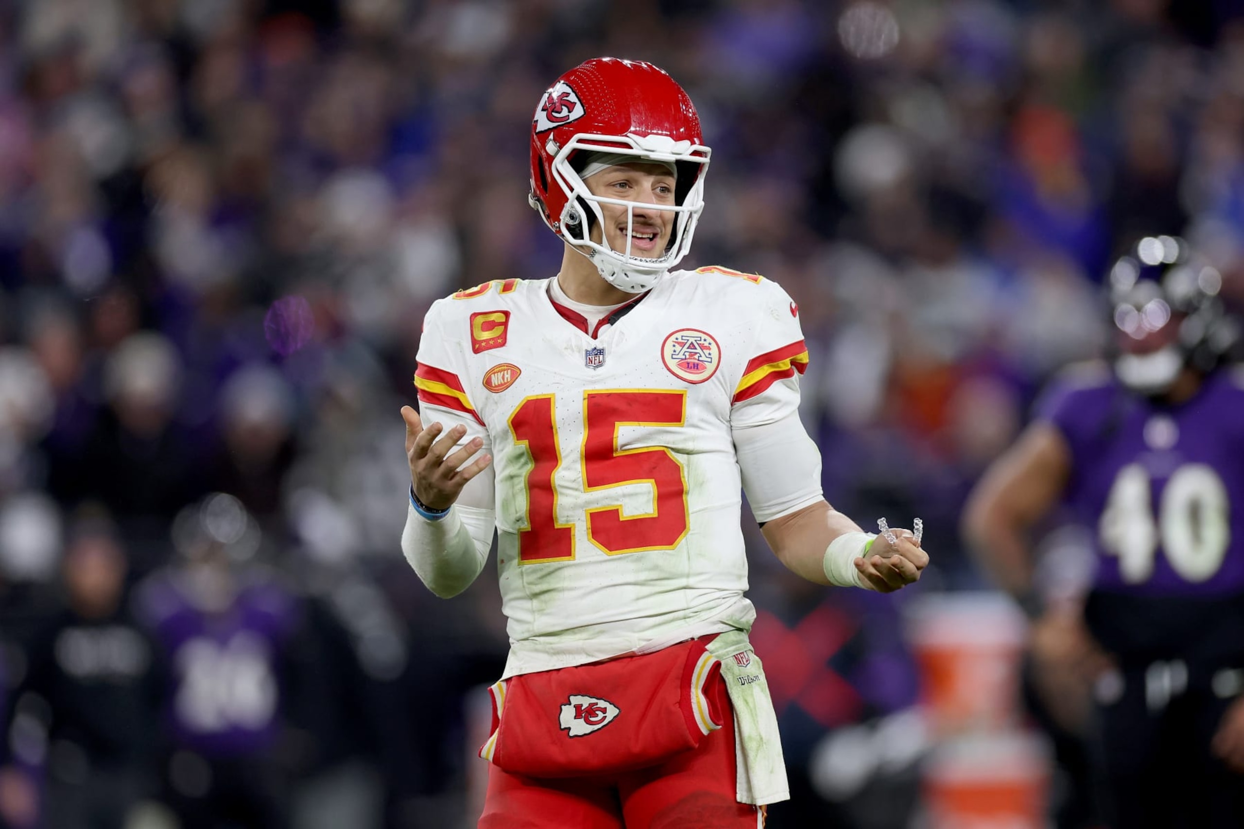 BALTIMORE, MARYLAND - JANUARY 28: Patrick Mahomes #15 of the Kansas City Chiefs reacts during the fourth quarter against the Baltimore Ravens in the AFC Championship Game at M&T Bank Stadium on January 28, 2024 in Baltimore, Maryland. (Photo by Rob Carr/Getty Images)