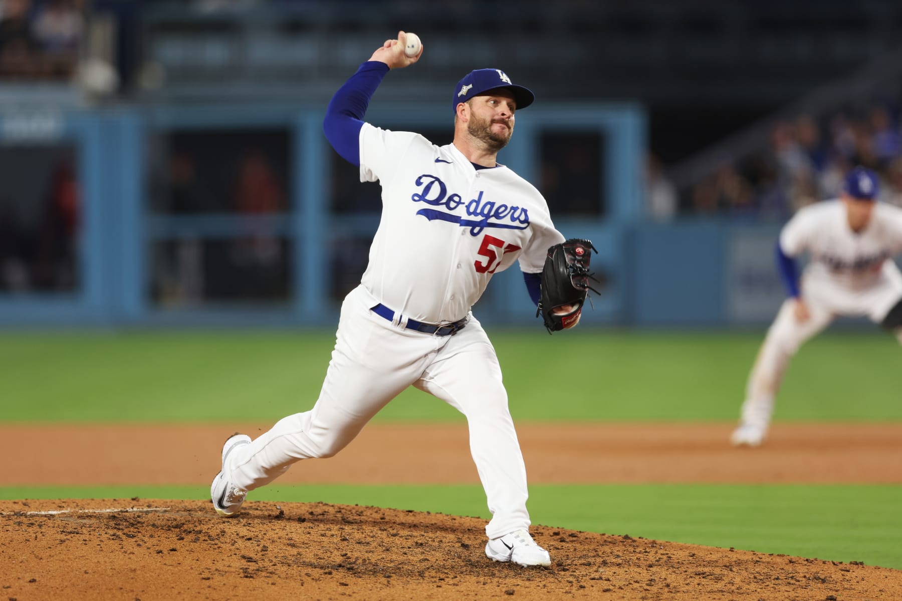 LOS ANGELES, CA - OCTOBER 09: Ryan Brasier #57 of the Los Angeles Dodgers pitches during Game 2 of the Division Series between the Arizona Diamondbacks and the Los Angeles Dodgers at Dodger Stadium on Monday, October 9, 2023 in Los Angeles, California. (Photo by Rob Leiter/MLB Photos via Getty Images)
