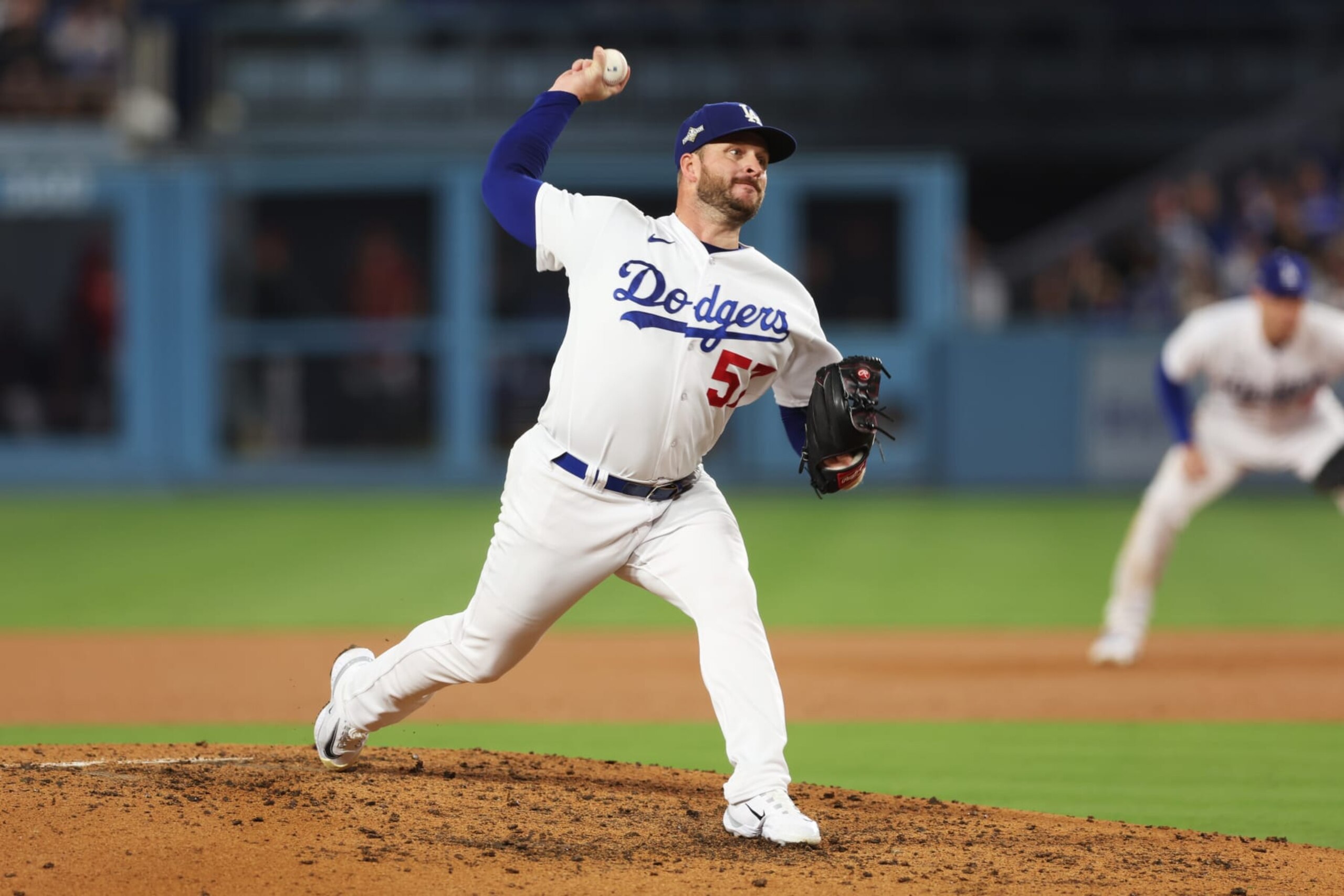 LOS ANGELES, CA - OCTOBER 09: Ryan Brasier #57 of the Los Angeles Dodgers pitches during Game 2 of the Division Series between the Arizona Diamondbacks and the Los Angeles Dodgers at Dodger Stadium on Monday, October 9, 2023 in Los Angeles, California. (Photo by Rob Leiter/MLB Photos via Getty Images)