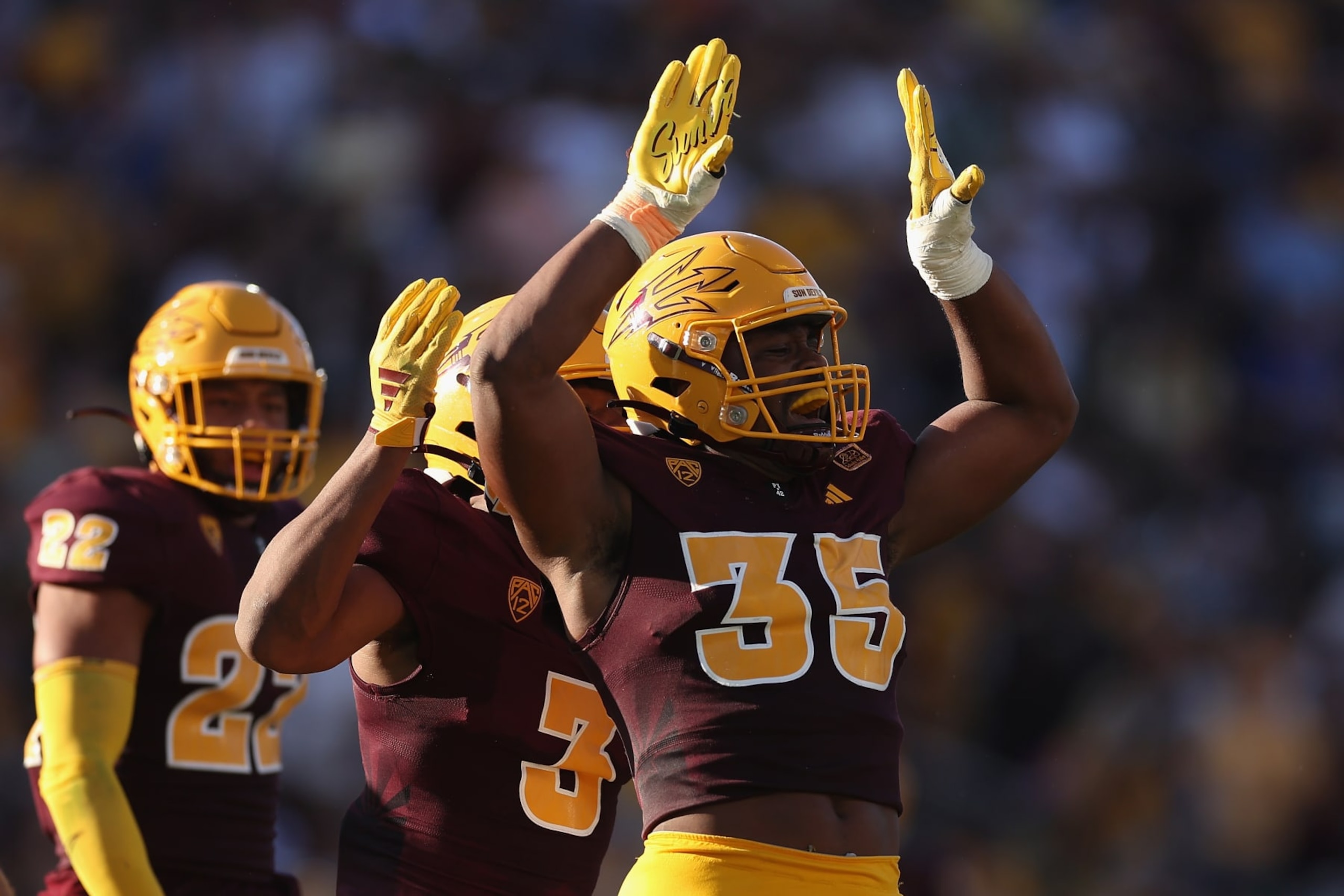 TEMPE, ARIZONA - OCTOBER 07: Defensive lineman B.J. Green II #35 of the Arizona State Sun Devils celebrates after a sack against the Colorado Buffaloes during the first half of the NCAAF game at Mountain America Stadium on October 07, 2023 in Tempe, Arizona. (Photo by Christian Petersen/Getty Images)