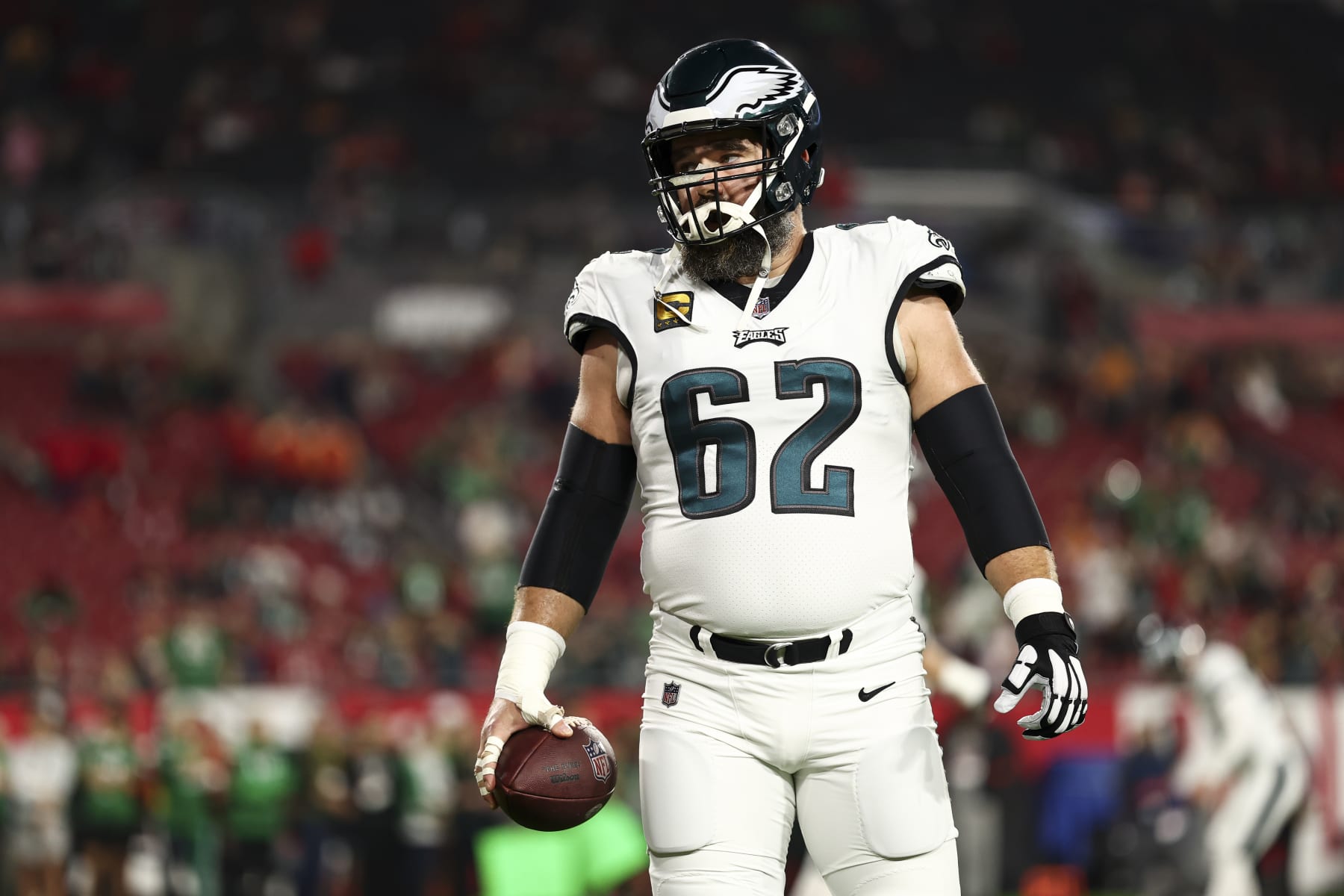 TAMPA, FL - JANUARY 15: Jason Kelce #62 of the Philadelphia Eagles looks on prior to an NFL wild-card playoff football game against the Tampa Bay Buccaneers at Raymond James Stadium on January 15, 2024 in Tampa, Florida. (Photo by Kevin Sabitus/Getty Images)