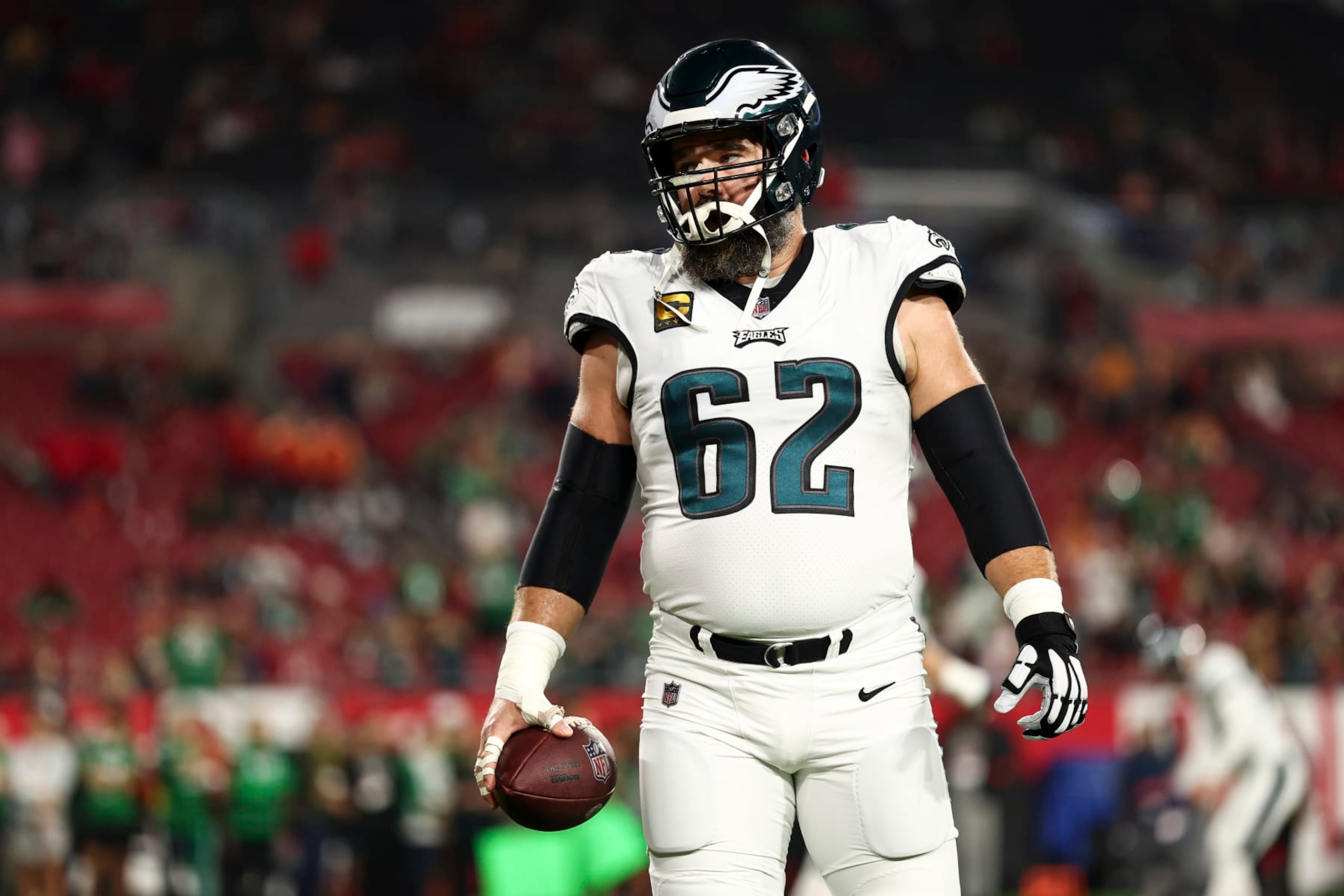 TAMPA, FL - JANUARY 15: Jason Kelce #62 of the Philadelphia Eagles looks on prior to an NFL wild-card playoff football game against the Tampa Bay Buccaneers at Raymond James Stadium on January 15, 2024 in Tampa, Florida. (Photo by Kevin Sabitus/Getty Images)