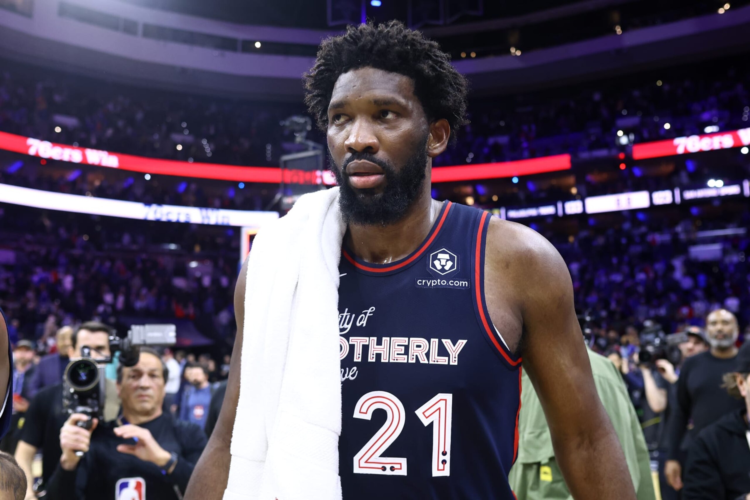 PHILADELPHIA, PENNSYLVANIA - JANUARY 22: Joel Embiid #21 of the Philadelphia 76ers reacts after defeating the San Antonio Spurs at the Wells Fargo Center on January 22, 2024 in Philadelphia, Pennsylvania. Embiid scored a franchise-record 70 points in the game. NOTE TO USER: User expressly acknowledges and agrees that, by downloading and or using this photograph, User is consenting to the terms and conditions of the Getty Images License Agreement. (Photo by Tim Nwachukwu/Getty Images) PHILADELPHIA, PENNSYLVANIA - JANUARY 22: Joel Embiid #21 of the Philadelphia 76ers reacts after defeating the San Antonio Spurs at the Wells Fargo Center on January 22, 2024 in Philadelphia, Pennsylvania. Embiid scored a franchise-record 70 points in the game. NOTE TO USER: User expressly acknowledges and agrees that, by downloading and or using this photograph, User is consenting to the terms and conditions of the Getty Images License Agreement. (Photo by Tim Nwachukwu/Getty Images)