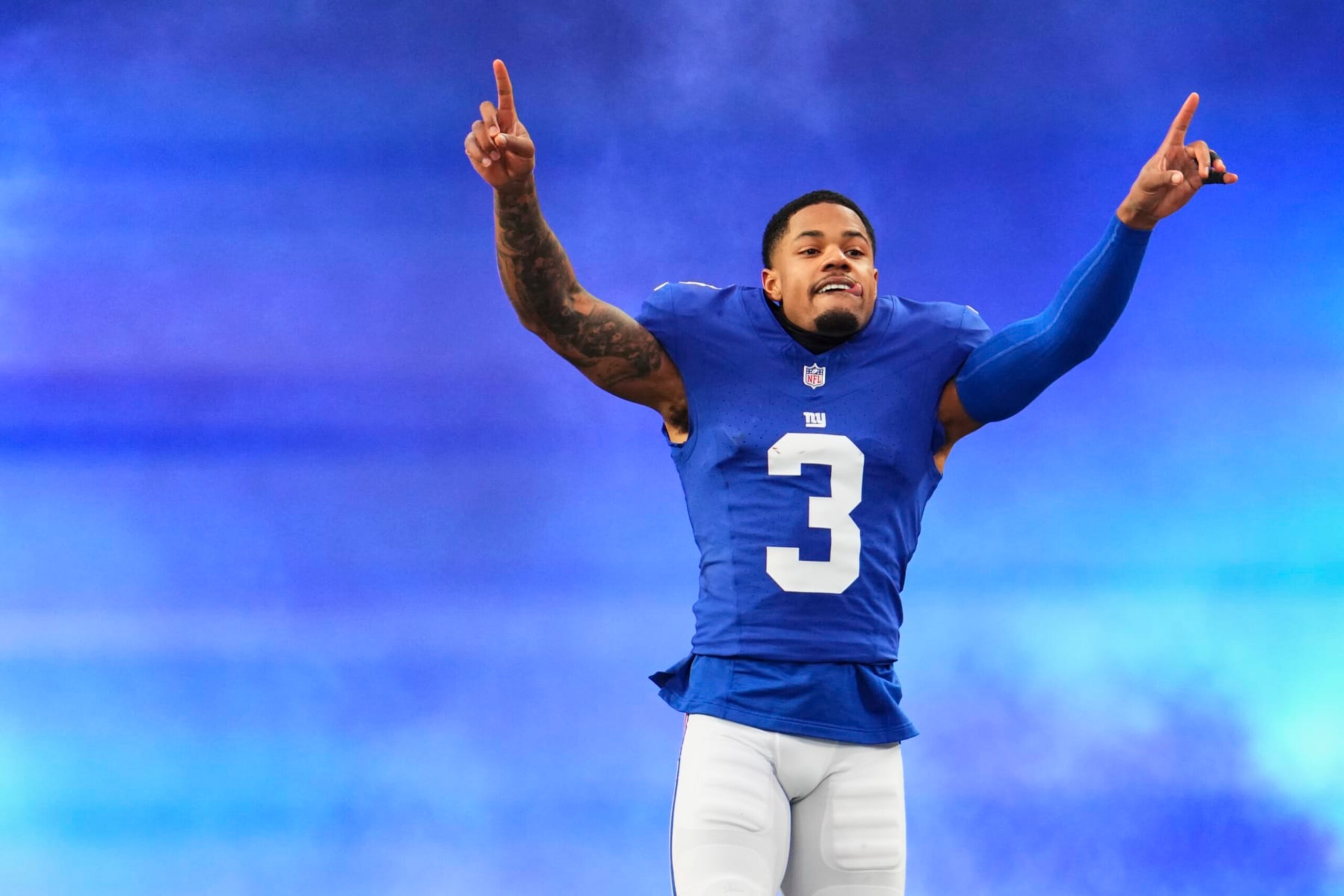EAST RUTHERFORD, NJ - JANUARY 07: Sterling Shepard #3 of the New York Giants takes the field before kickoff against the Philadelphia Eagles at MetLife Stadium on January 7, 2024 in East Rutherford, New Jersey. (Photo by Cooper Neill/Getty Images)