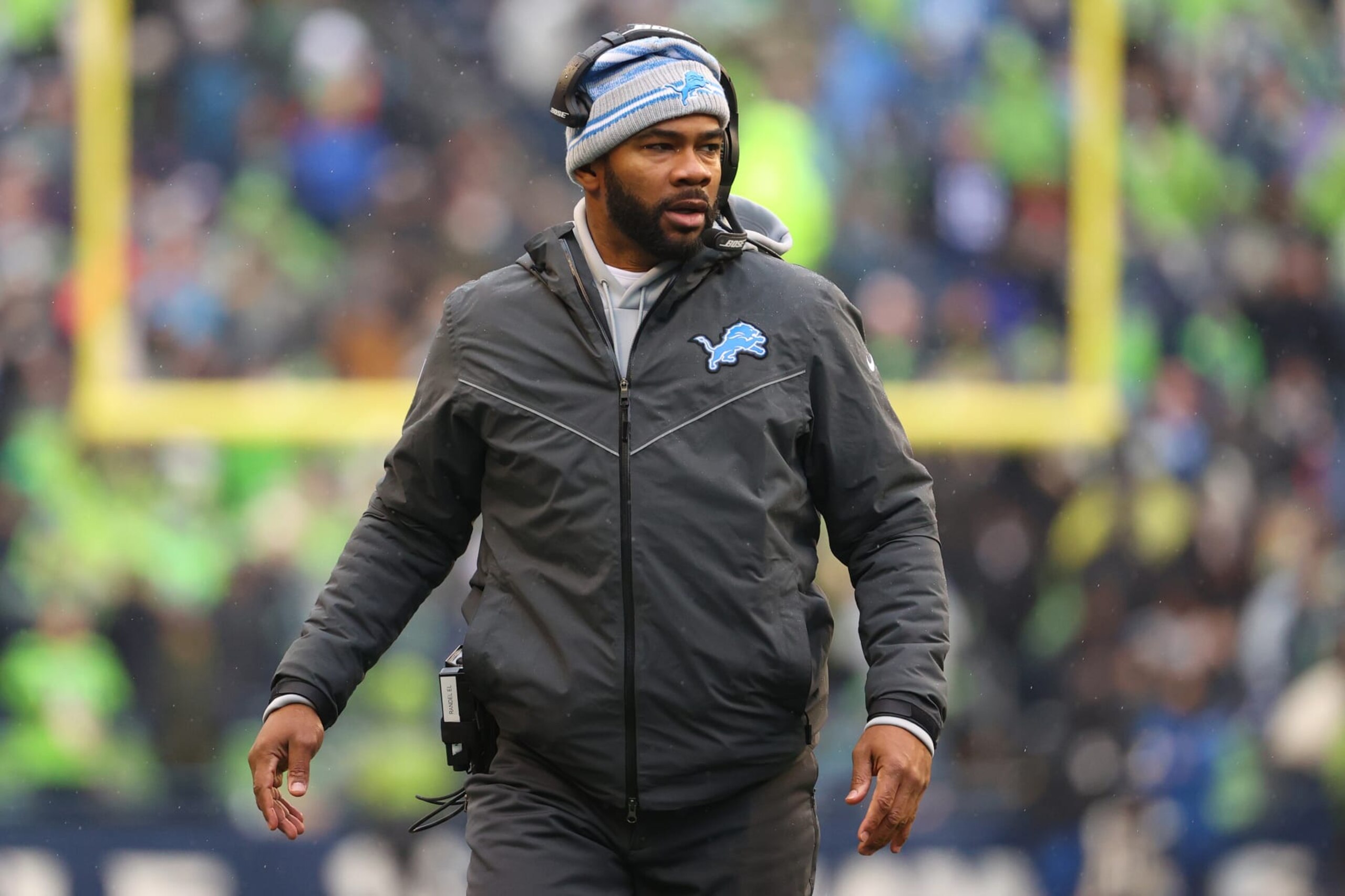 SEATTLE, WASHINGTON - JANUARY 02: Wide Recievers Coach  Antwaan Randle El of the Detroit Lions reacts during the second quarter against the Seattle Seahawks at Lumen Field on January 02, 2022 in Seattle, Washington. (Photo by Abbie Parr/Getty Images)