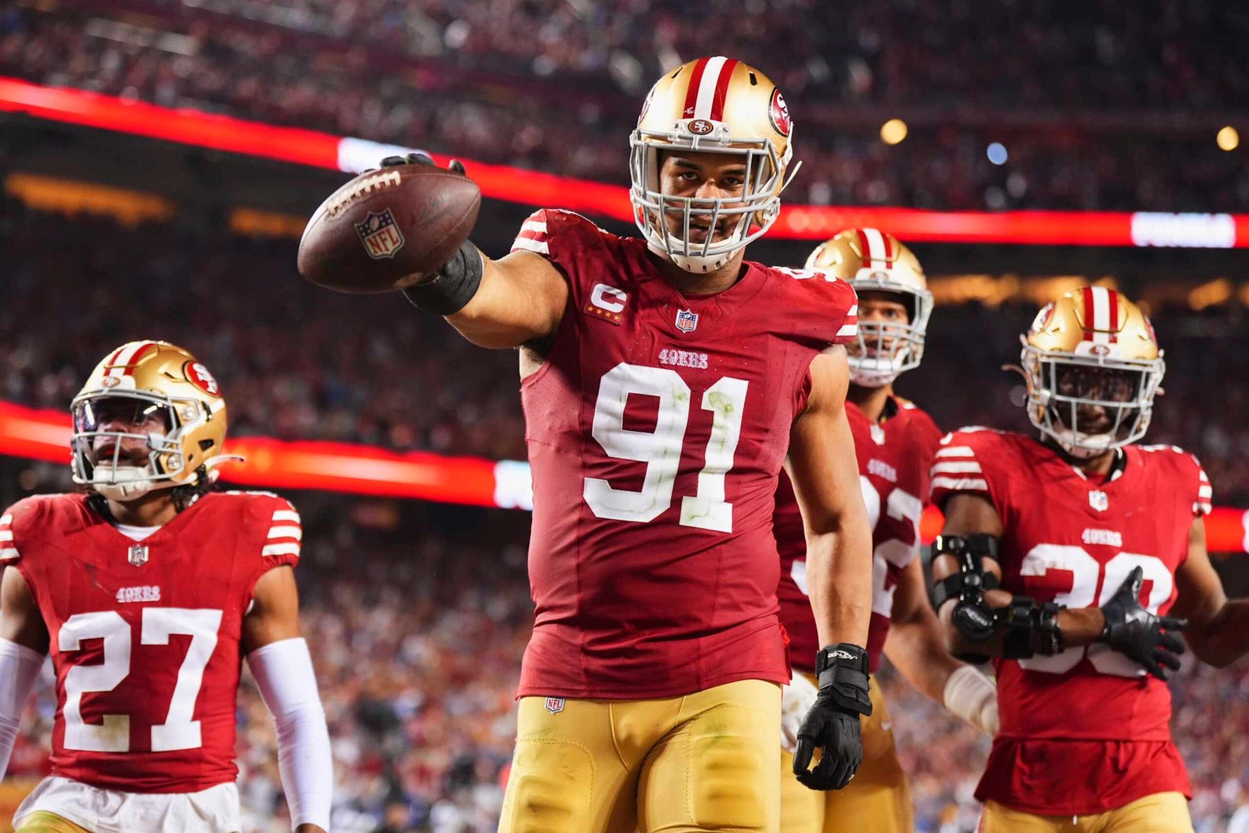SANTA CLARA, CA - JANUARY 28: Arik Armstead #91 of the San Francisco 49ers celebrates after recovering a fumble against the Detroit Lions during the second half of the NFC Championship football game at Levi's Stadium on January 28, 2024 in Santa Clara, California. (Photo by Cooper Neill/Getty Images)