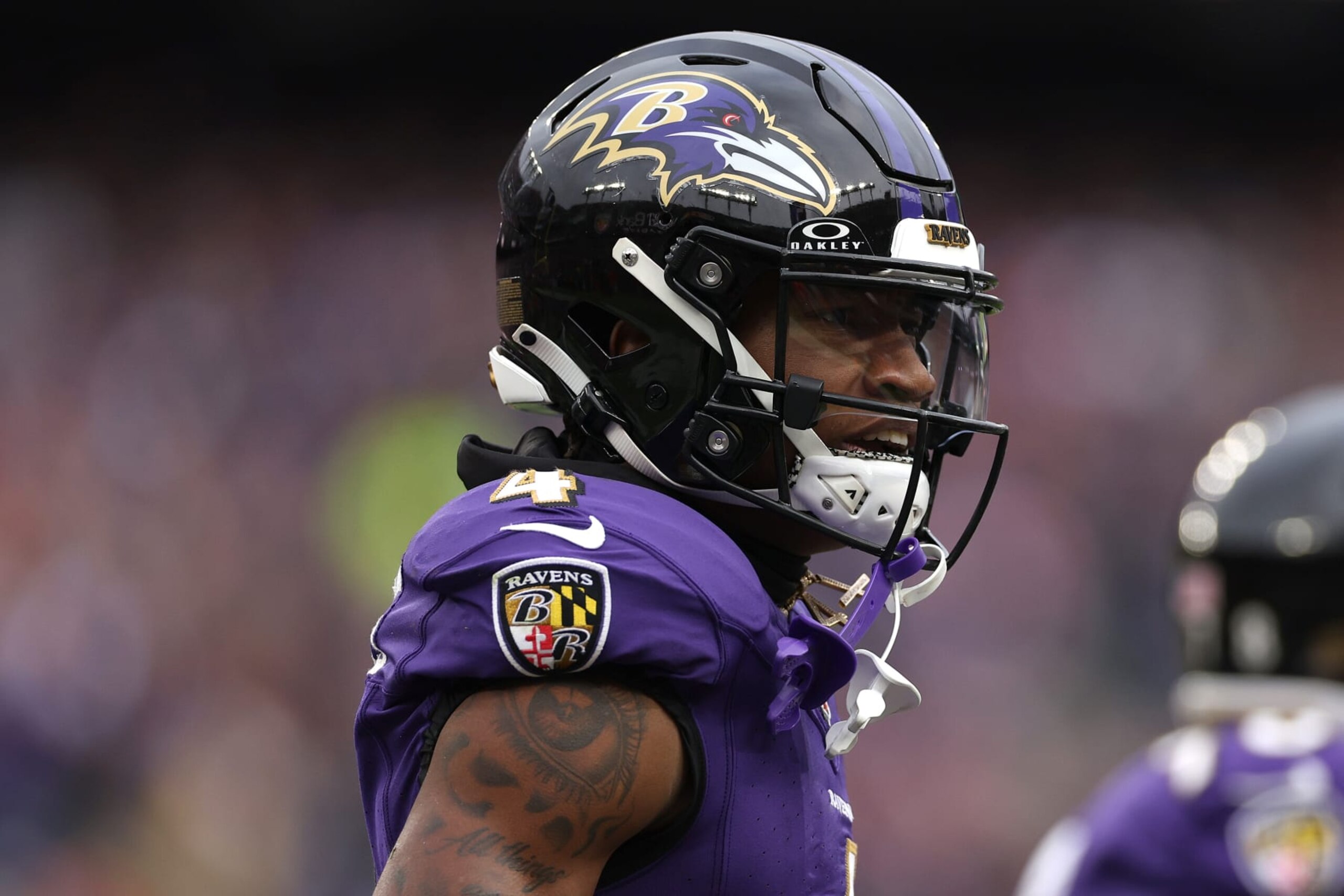 BALTIMORE, MARYLAND - JANUARY 28: Zay Flowers #4 of the Baltimore Ravens celebrates after a touchdown against the Kansas City Chiefs during the first quarter in the AFC Championship Game at M&T Bank Stadium on January 28, 2024 in Baltimore, Maryland. (Photo by Patrick Smith/Getty Images) BALTIMORE, MARYLAND - JANUARY 28: Zay Flowers #4 of the Baltimore Ravens celebrates after a touchdown against the Kansas City Chiefs during the first quarter in the AFC Championship Game at M&T Bank Stadium on January 28, 2024 in Baltimore, Maryland. (Photo by Patrick Smith/Getty Images)