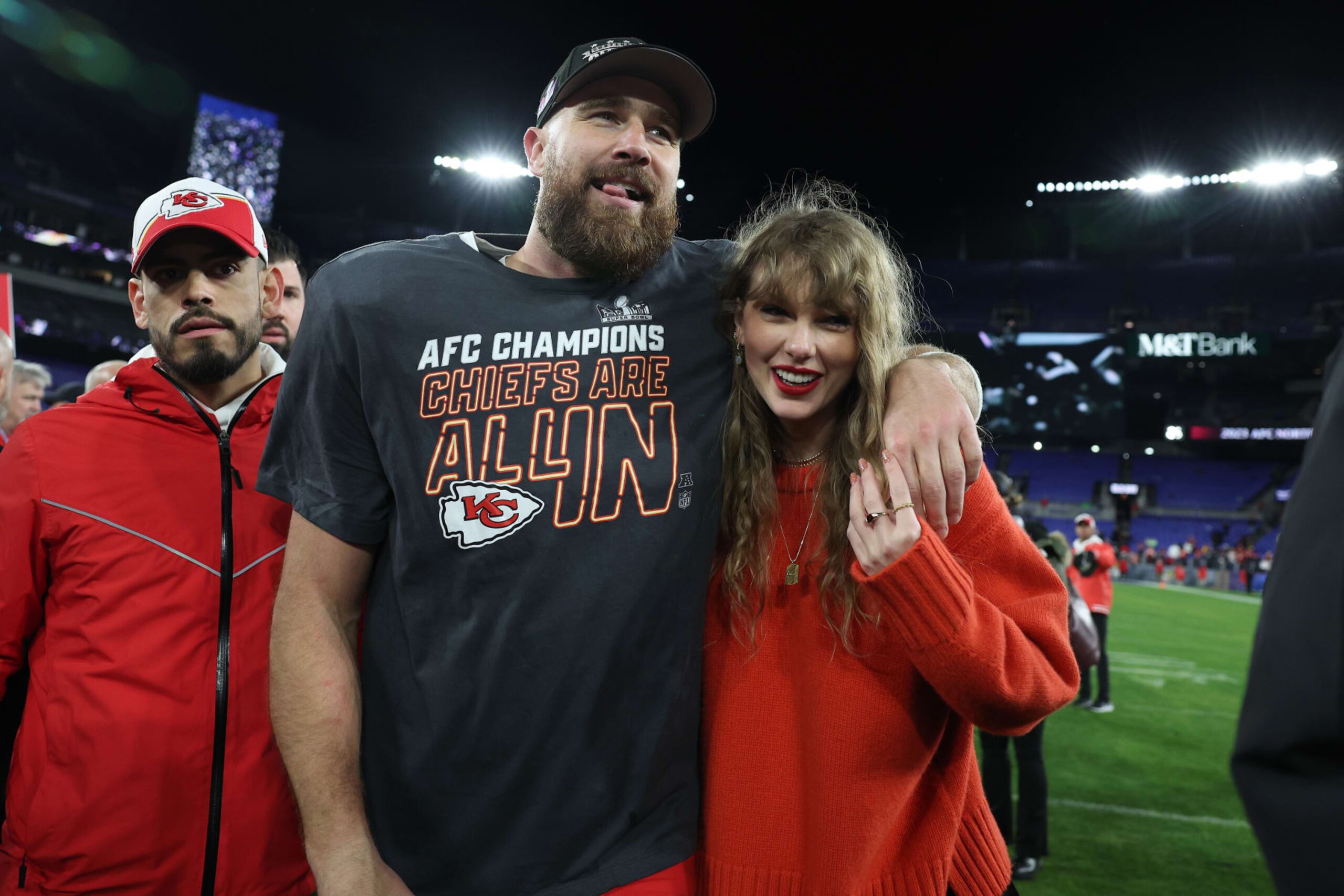 BALTIMORE, MARYLAND - JANUARY 28: Travis Kelce #87 of the Kansas City Chiefs celebrates with Taylor Swift after a 17-10 victory against the Baltimore Ravens in the AFC Championship Game at M&T Bank Stadium on January 28, 2024 in Baltimore, Maryland. (Photo by Patrick Smith/Getty Images)