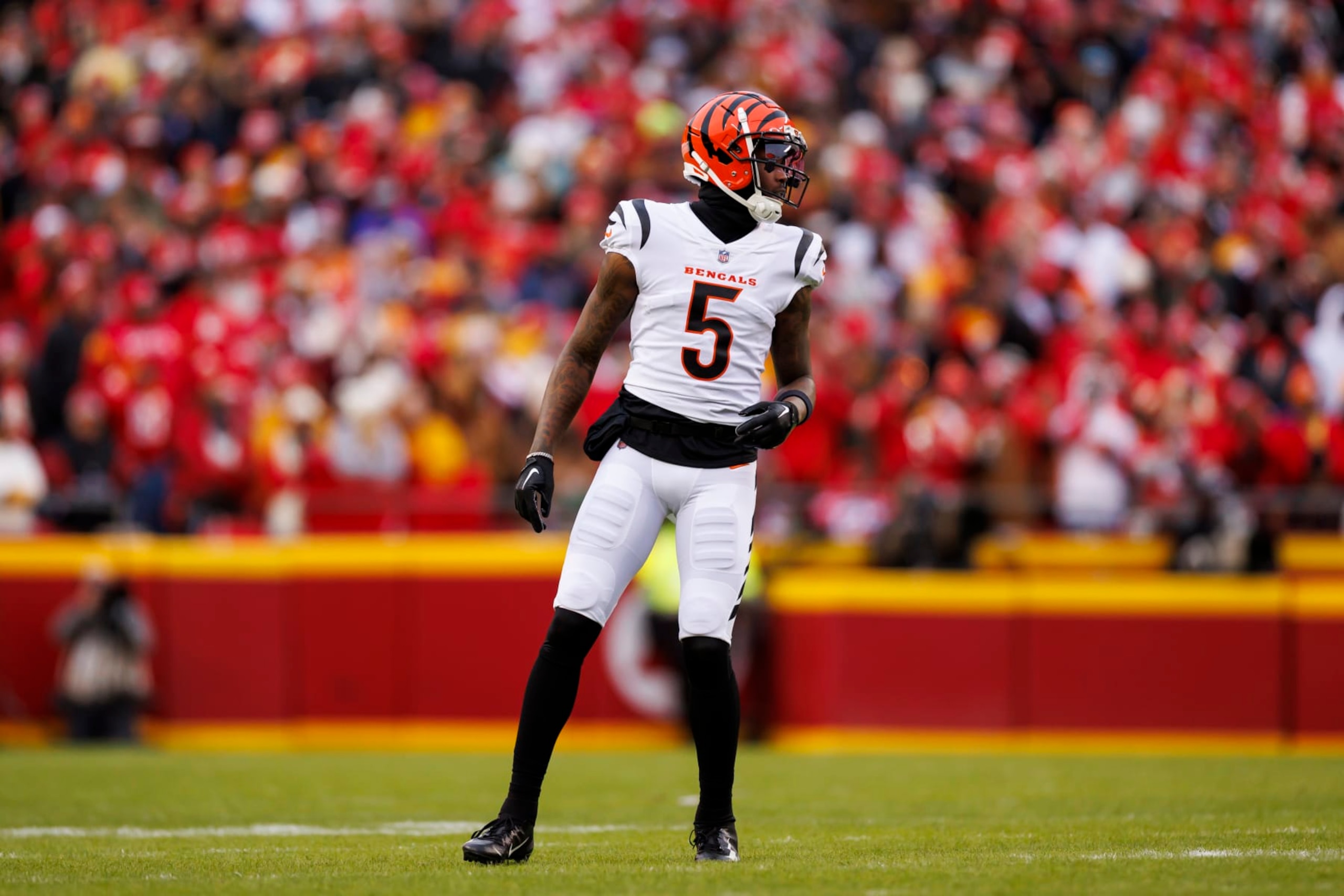 KANSAS CITY, MISSOURI - DECEMBER 31: Tee Higgins #5 of the Cincinnati Bengals lines up to run a route during an NFL football game against the Kansas City Chiefs at GEHA Field at Arrowhead Stadium on December 31, 2023 in Kansas City, Missouri. (Photo by Ryan Kang/Getty Images)