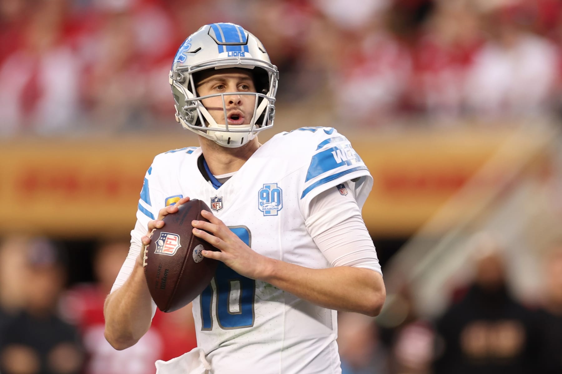 SANTA CLARA, CALIFORNIA - JANUARY 28: Jared Goff #16 of the Detroit Lions looks to throw the ball during the first half against the San Francisco 49ers in the NFC Championship Game at Levi's Stadium on January 28, 2024 in Santa Clara, California. (Photo by Ezra Shaw/Getty Images)
