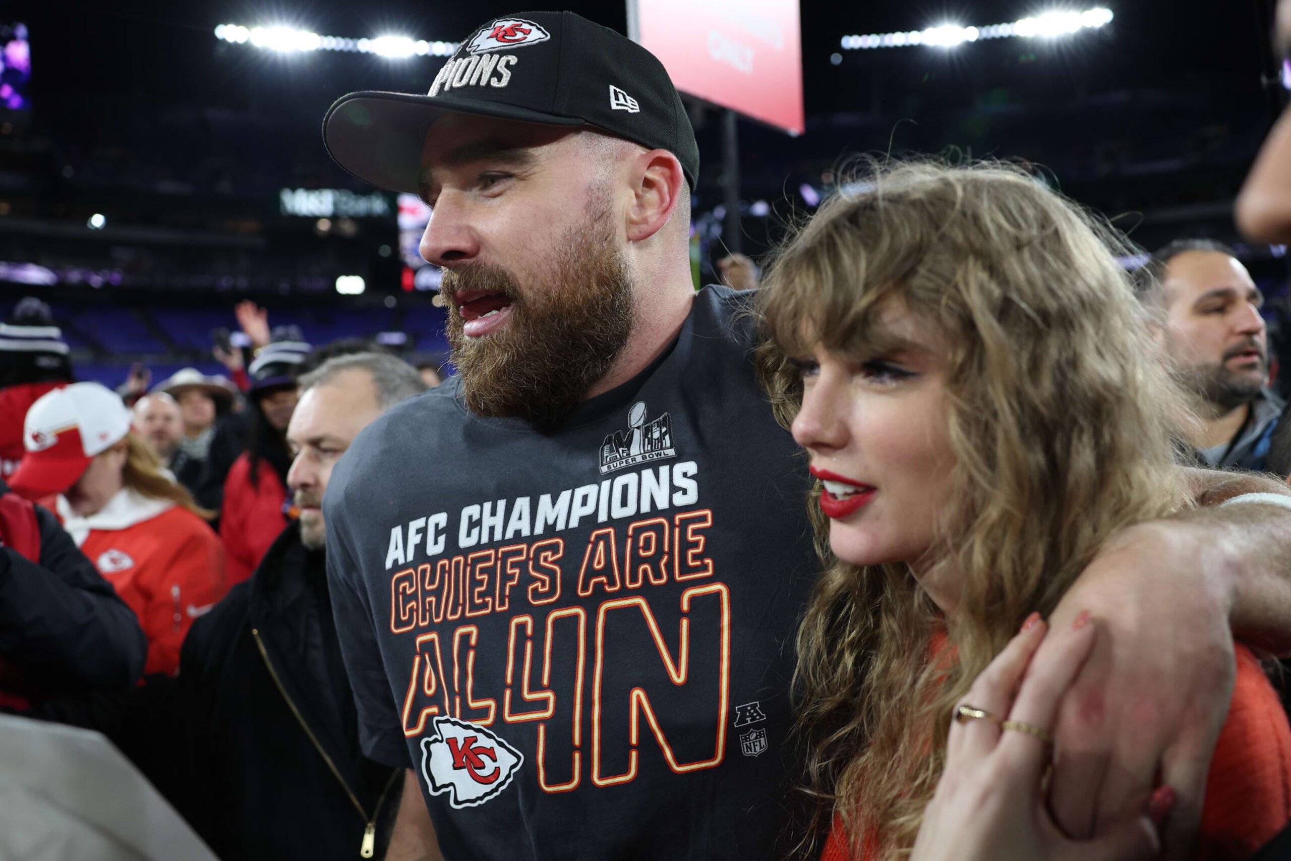 BALTIMORE, MARYLAND - JANUARY 28: Travis Kelce #87 of the Kansas City Chiefs celebrates with Taylor Swift after a 17-10 victory against the Baltimore Ravens in the AFC Championship Game at M&T Bank Stadium on January 28, 2024 in Baltimore, Maryland. (Photo by Patrick Smith/Getty Images)
