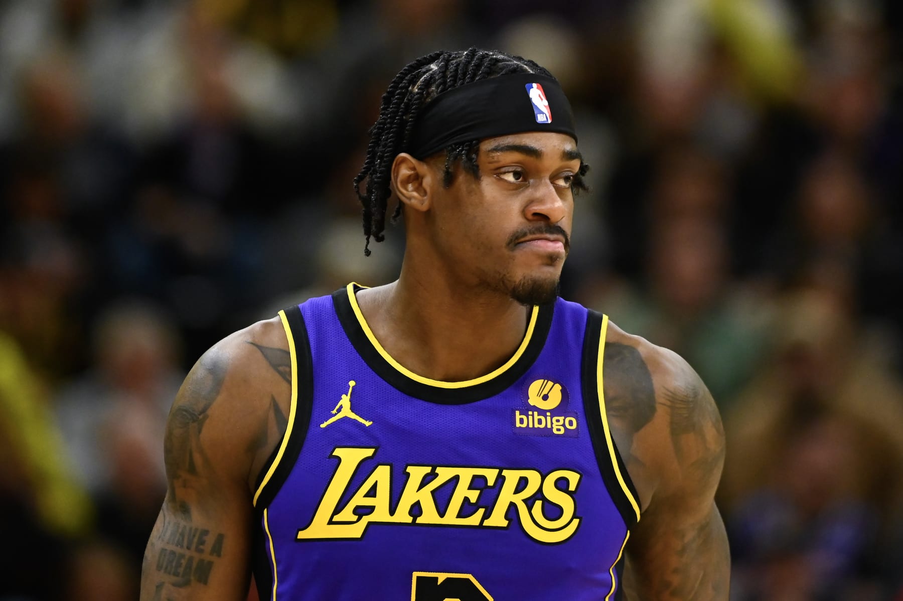 SALT LAKE CITY, UTAH - JANUARY 13: Jarred Vanderbilt #2 of the Los Angeles Lakers in action during the second half of a game against the Utah Jazz at Delta Center on January 13, 2024 in Salt Lake City, Utah. NOTE TO USER: User expressly acknowledges and agrees that, by downloading and or using this photograph, User is consenting to the terms and conditions of the Getty Images License Agreement. (Photo by Alex Goodlett/Getty Images)