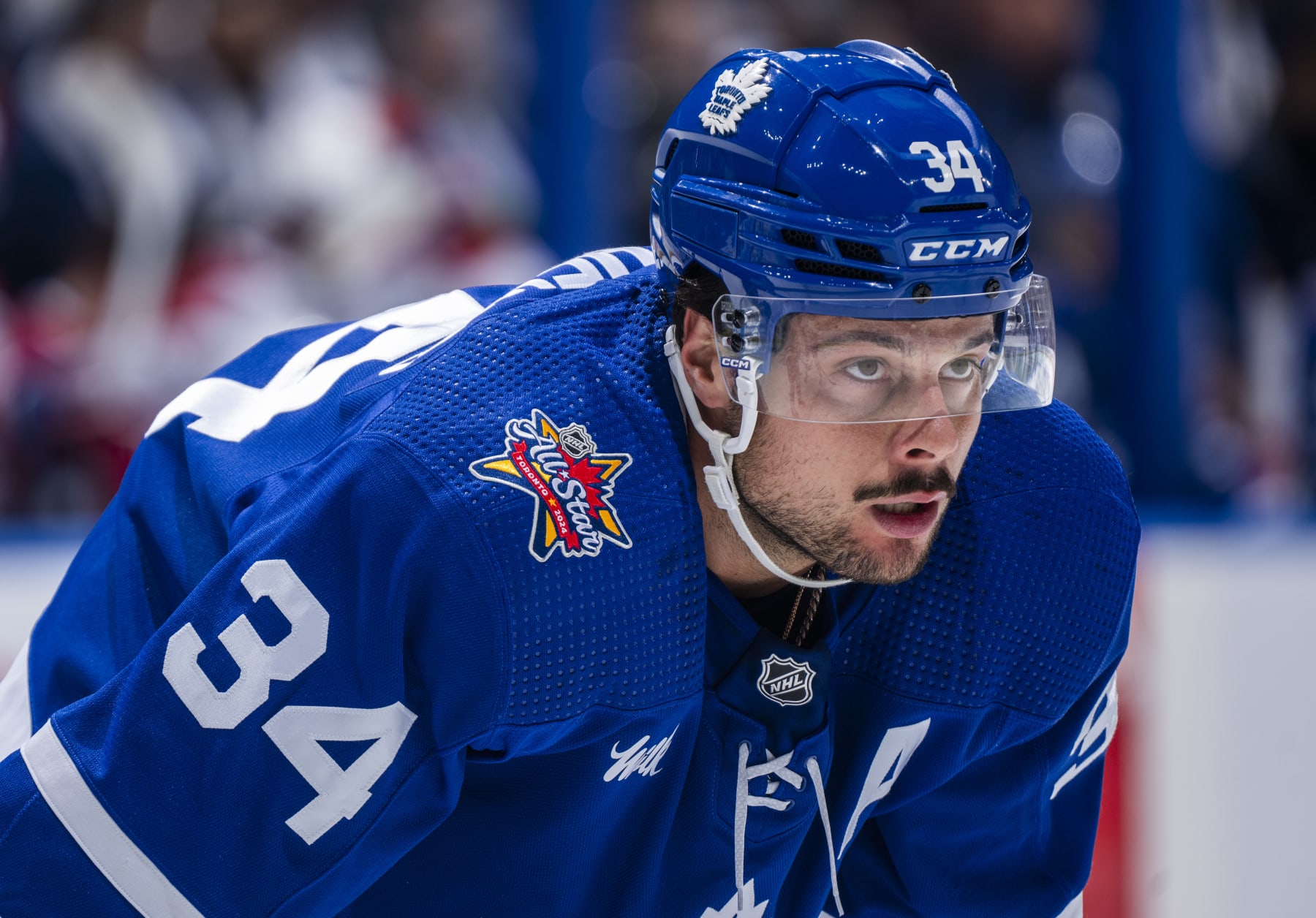 TORONTO, ON - OCTOBER 11: Auston Matthews #34 of Toronto Maple Leafs wears a NHL All Star logo while playing against the Montreal Canadiens during the first period at the Scotiabank Arena on October 11, 2023 in Toronto, Ontario, Canada. (Photo by Mark Blinch/NHLI via Getty Images)