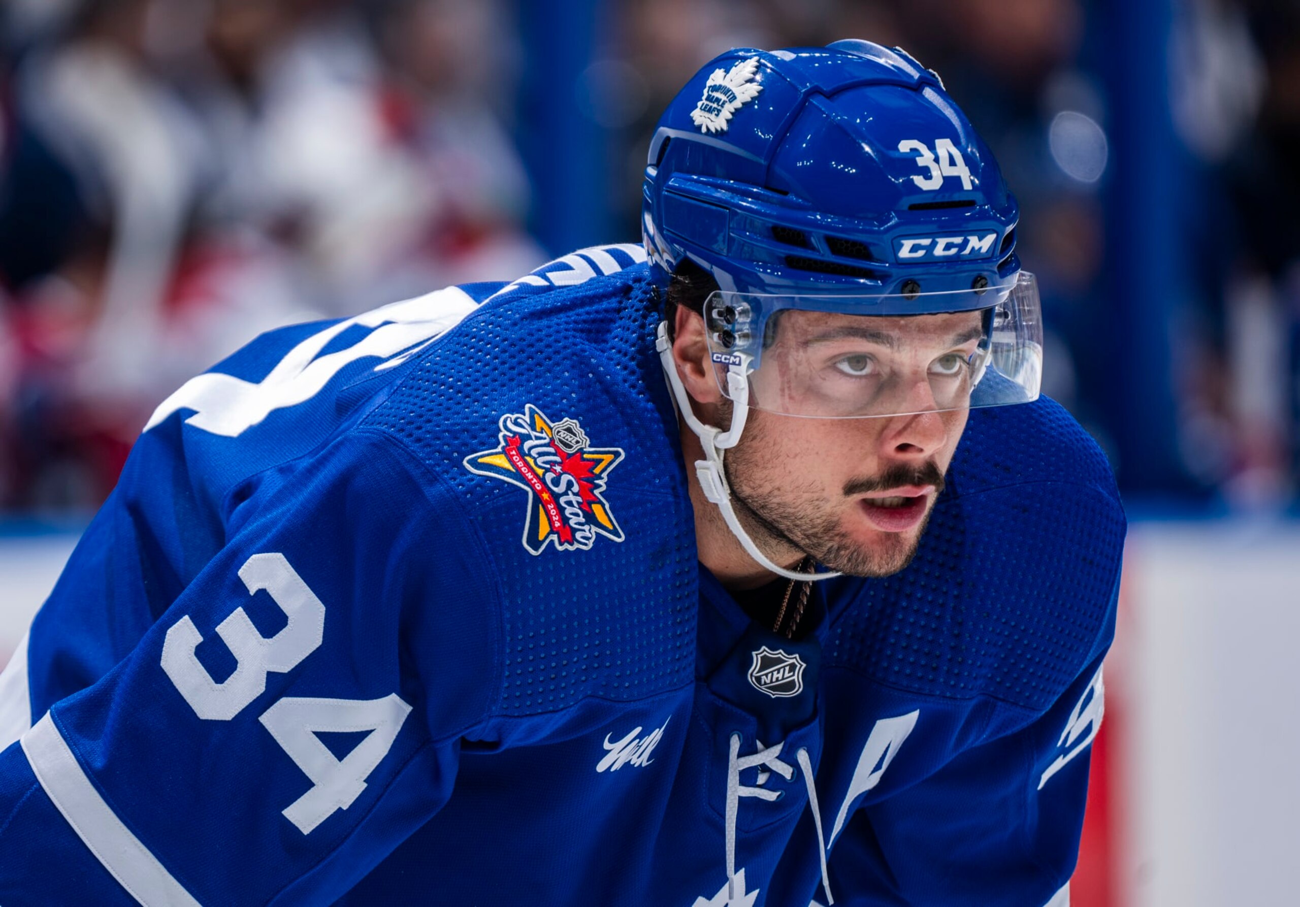 TORONTO, ON - OCTOBER 11: Auston Matthews #34 of Toronto Maple Leafs wears a NHL All Star logo while playing against the Montreal Canadiens during the first period at the Scotiabank Arena on October 11, 2023 in Toronto, Ontario, Canada. (Photo by Mark Blinch/NHLI via Getty Images)