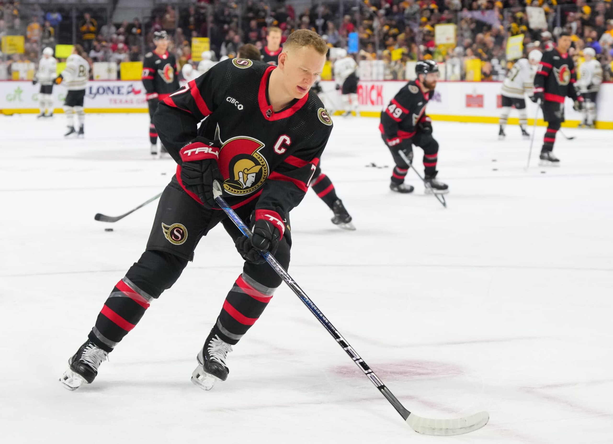 OTTAWA, CANADA - JANUARY 25: Brady Tkachuk #7 of the Ottawa Senators skates against the Boston Bruins at Canadian Tire Centre on January 25, 2024 in Ottawa, Ontario, Canada. (Photo by Chris Tanouye/Freestyle Photography/Getty Images)