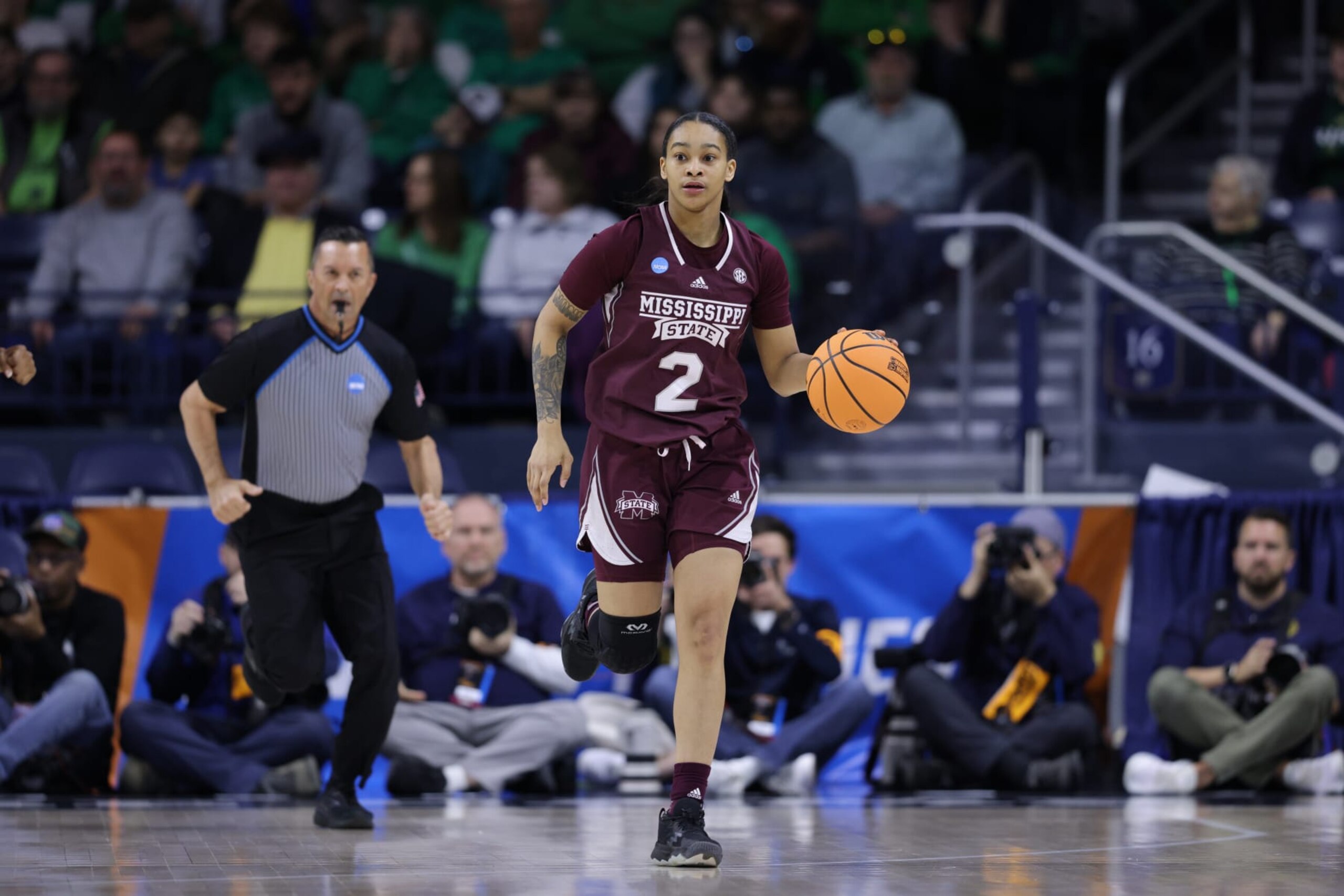 SOUTH BEND, IN - MARCH 19: JerKaila Jordan #2 of the Mississippi State Bulldogs dribbles the ball down court in the game against the Notre Dame Fighting Irish during the second round of the 2023 NCAA Women's Basketball Tournament held at Purcell Pavilion on March 19, 2023 in South Bend, Indiana. (Photo by Michael Hickey/NCAA Photos via Getty Images) SOUTH BEND, IN - MARCH 19: JerKaila Jordan #2 of the Mississippi State Bulldogs dribbles the ball down court in the game against the Notre Dame Fighting Irish during the second round of the 2023 NCAA Women's Basketball Tournament held at Purcell Pavilion on March 19, 2023 in South Bend, Indiana. (Photo by Michael Hickey/NCAA Photos via Getty Images)