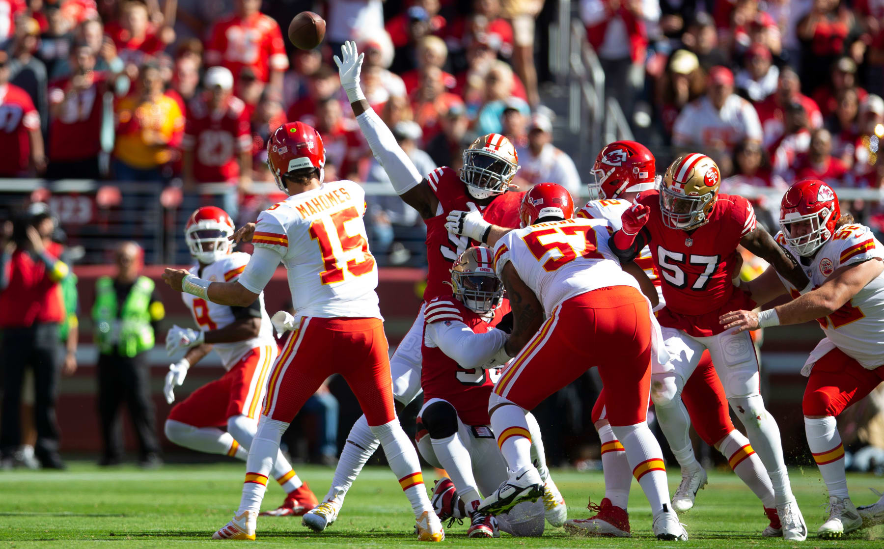 SANTA CLARA, CA - OCTOBER 23: Patrick Mahomes #15 of the Kansas City Chiefs passes during the game against the San Francisco 49ers at Levi's Stadium on October 23, 2022 in Santa Clara, California. The Chiefs defeated the 49ers 44-23. (Photo by Michael Zagaris/San Francisco 49ers/Getty Images)