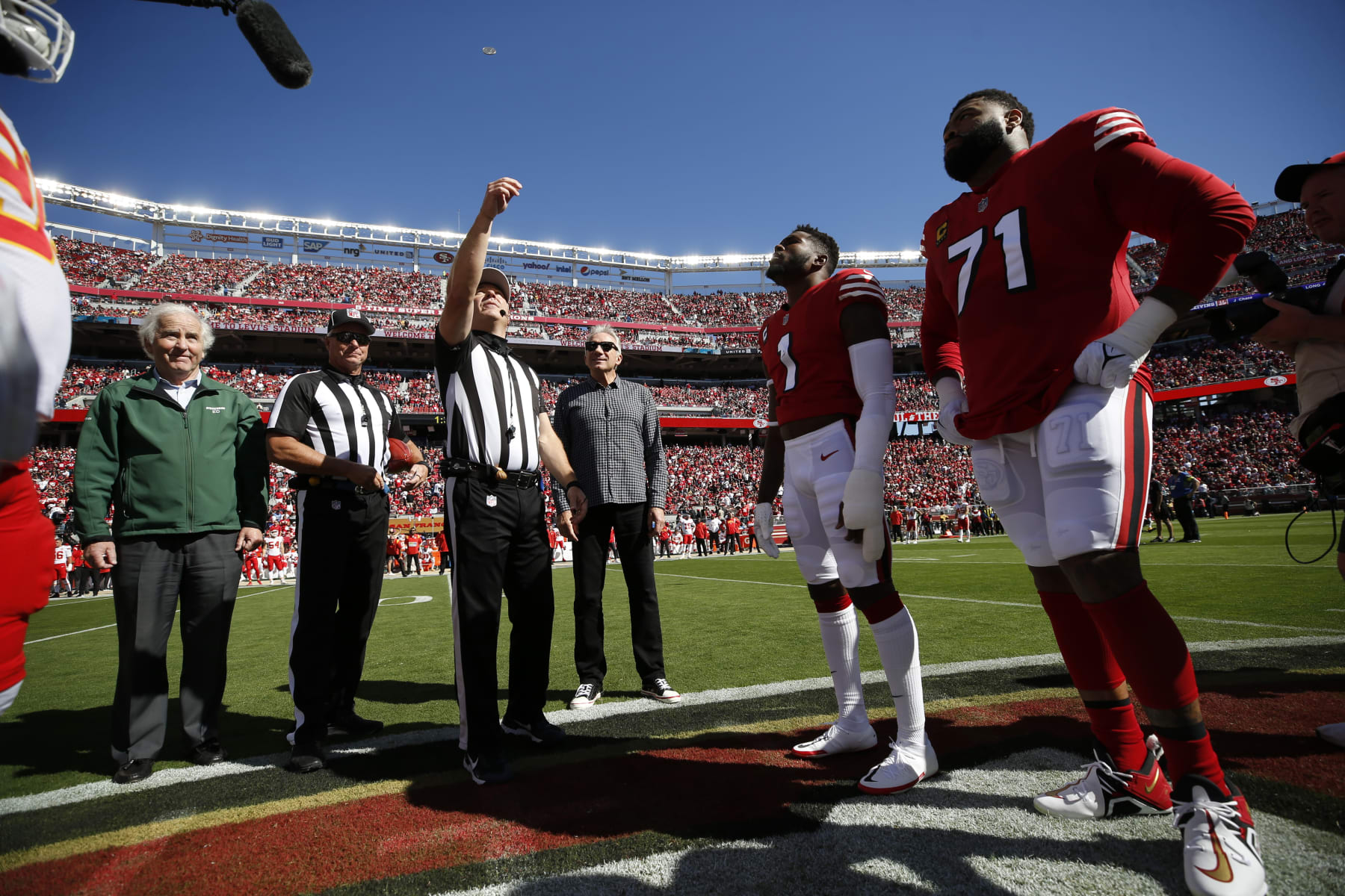 SANTA CLARA, CA - OCTOBER 23: Captains of the San Francisco 49ers and the Kansas City Chiefs meet at midfield for the coin toss before the game at Levi's Stadium on October 23, 2022 in Santa Clara, California. The Chiefs defeated the 49ers 44-23. (Photo by Michael Zagaris/San Francisco 49ers/Getty Images)