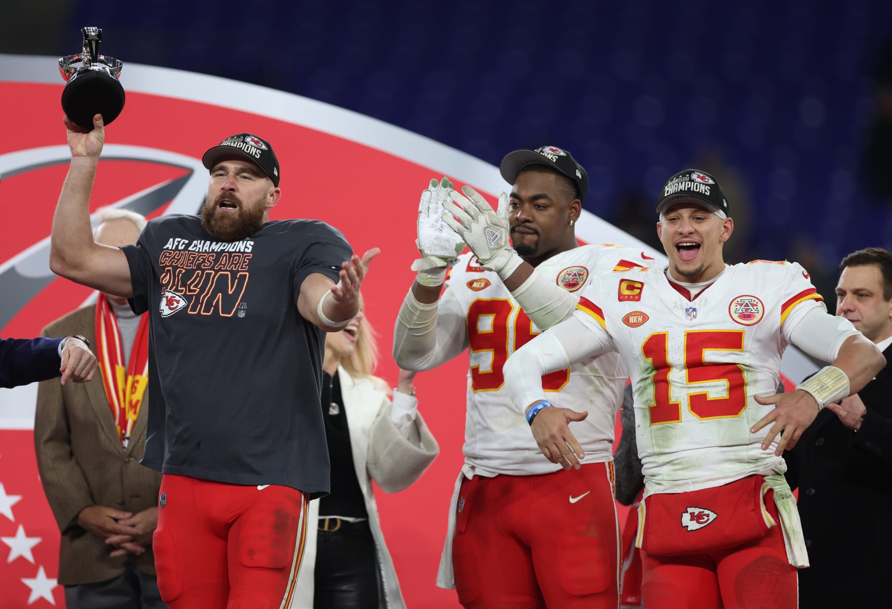 BALTIMORE, MARYLAND - JANUARY 28: Travis Kelce #87 of the Kansas City Chiefs celebrates with the Lamar Hunt Trophy after a 17-10 victory against the Baltimore Ravens in the AFC Championship Game at M&T Bank Stadium on January 28, 2024 in Baltimore, Maryland. (Photo by Rob Carr/Getty Images)