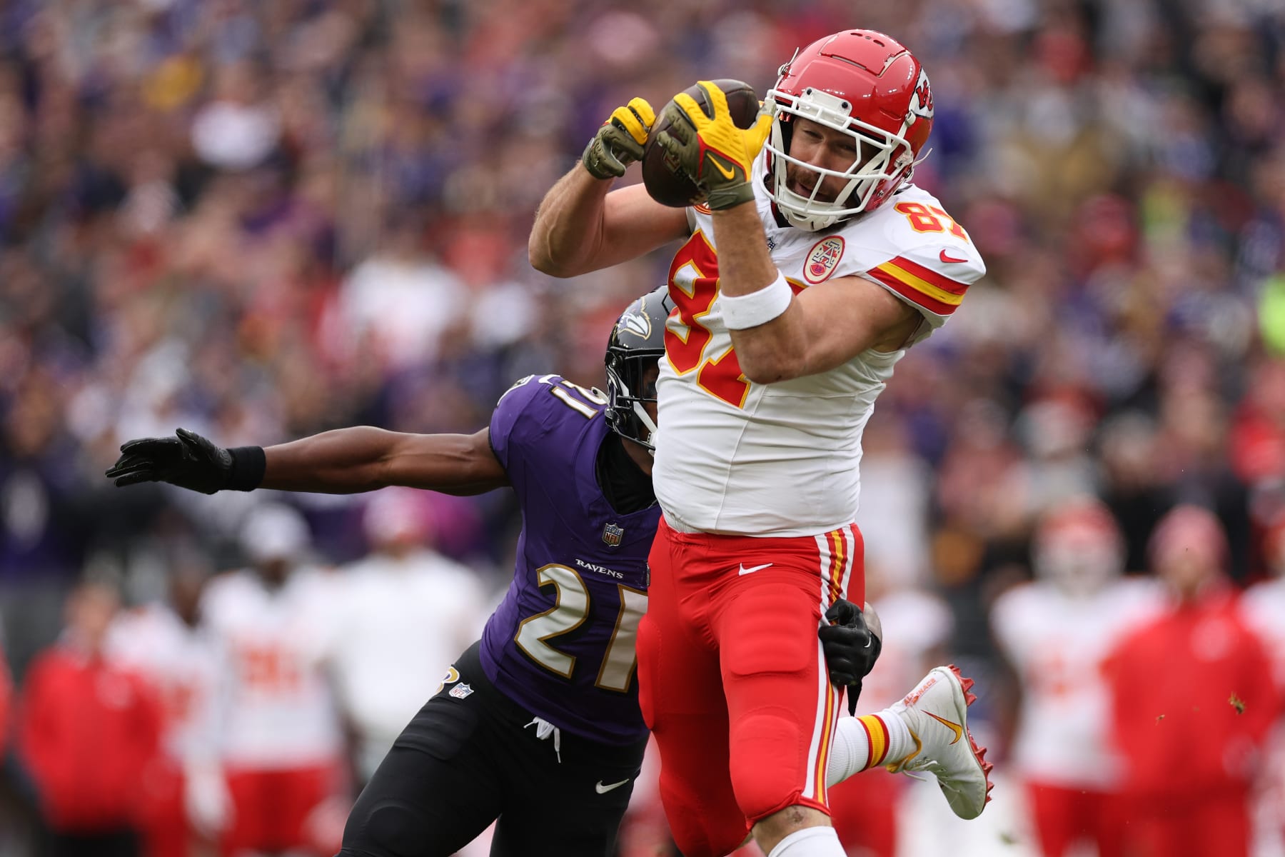 BALTIMORE, MARYLAND - JANUARY 28: Travis Kelce #87 of the Kansas City Chiefs catches a pass against the Baltimore Ravens during the first quarter in the AFC Championship Game at M&T Bank Stadium on January 28, 2024 in Baltimore, Maryland. (Photo by Patrick Smith/Getty Images)