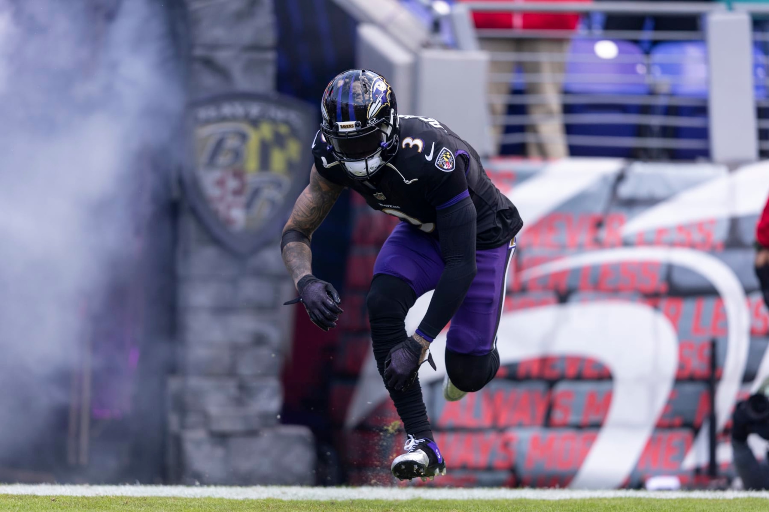 BALTIMORE, MARYLAND - DECEMBER 31: Odell Beckham Jr. #3 of the Baltimore Ravens reacts as he takes the field prior to an NFL football game between the Baltimore Ravens and the Miami Dolphins at M&T Bank Stadium on December 31, 2023 in Baltimore, Maryland. (Photo by Michael Owens/Getty Images)