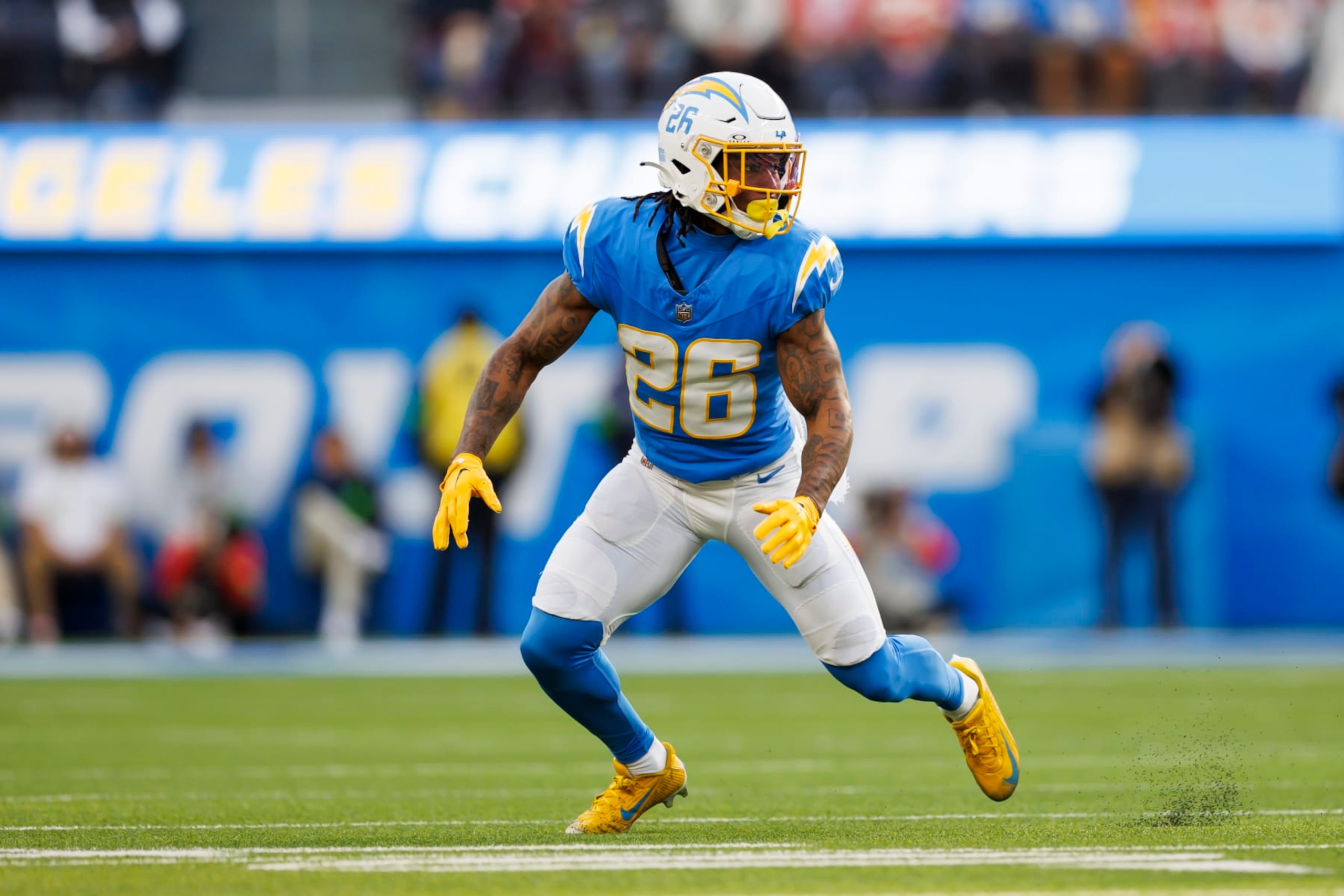 INGLEWOOD, CALIFORNIA - JANUARY 07: Asante Samuel Jr. #26 of the Los Angeles Chargers  defends in coverage during an NFL football game against the Kansas City Chiefs at SoFi Stadium on January 7, 2024 in Inglewood, California. (Photo by Ryan Kang/Getty Images)