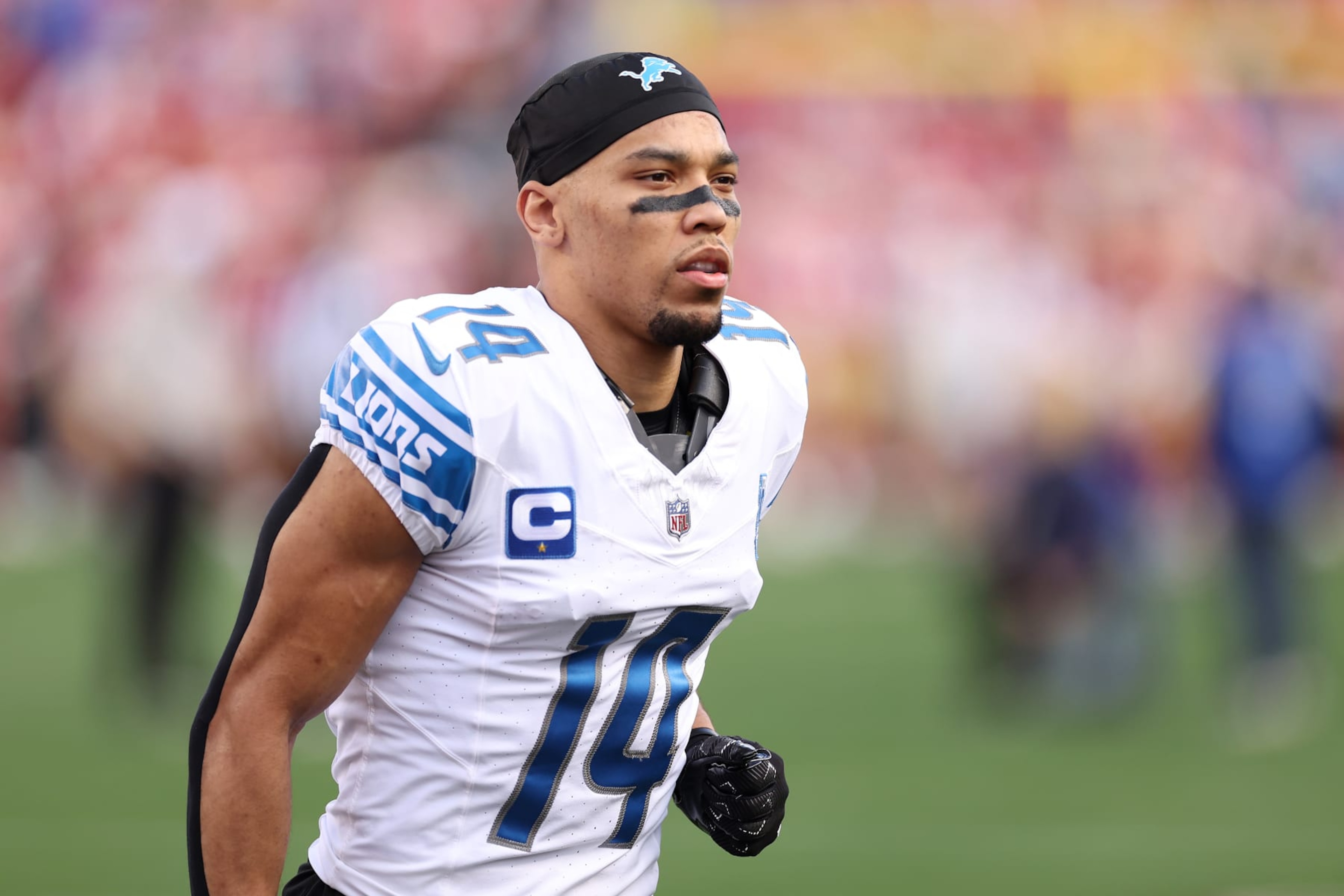 SANTA CLARA, CALIFORNIA - JANUARY 28: Amon-Ra St. Brown #14 of the Detroit Lions on the field prior to a game against the San Francisco 49ers in the NFC Championship Game at Levi's Stadium on January 28, 2024 in Santa Clara, California. (Photo by Ezra Shaw/Getty Images)