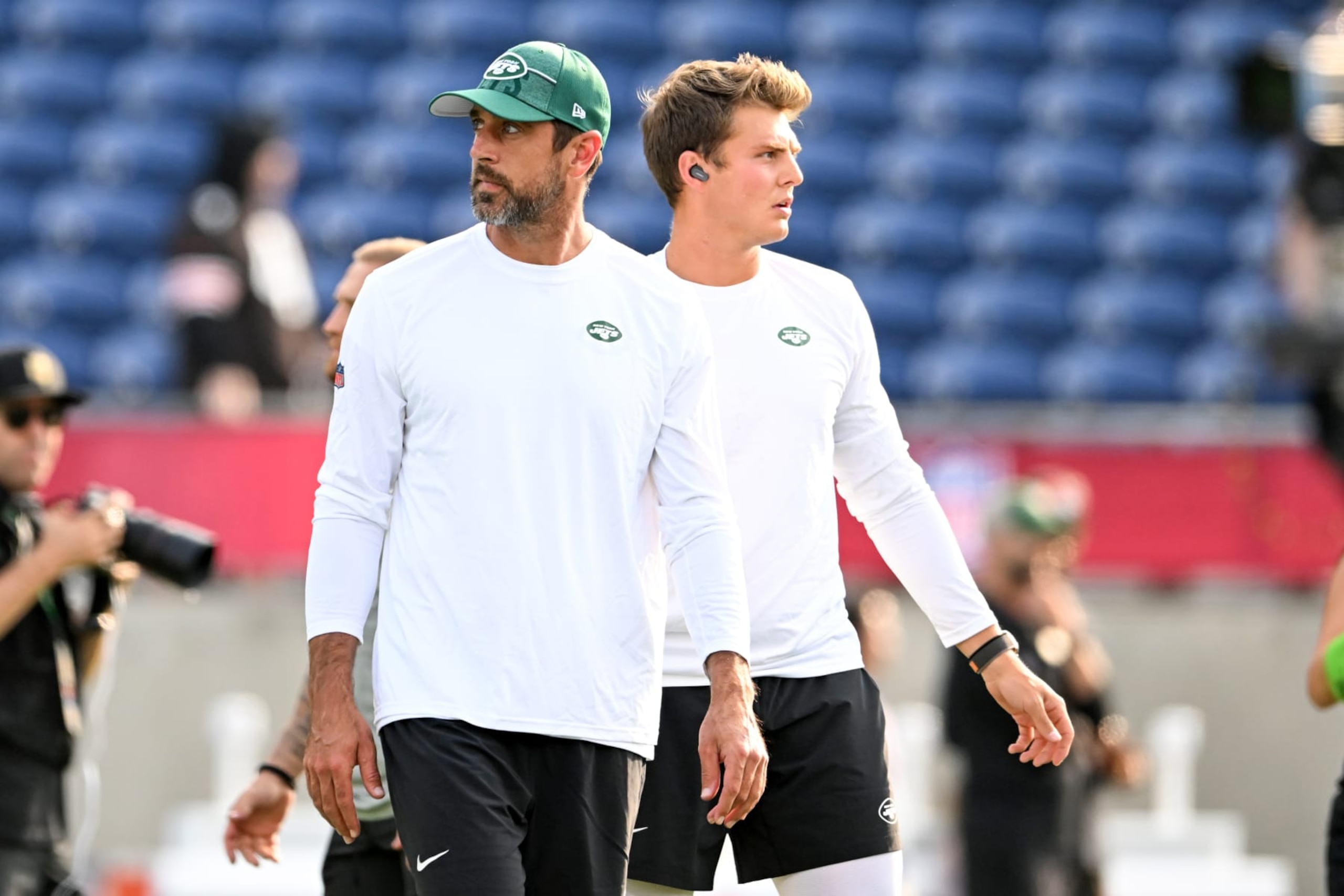 CANTON, OHIO - AUGUST 03: Aaron Rodgers #8 and Zach Wilson #2 of the New York Jets look on prior to the 2023 Pro Hall of Fame Game against the Cleveland Browns at Tom Benson Hall Of Fame Stadium on August 03, 2023 in Canton, Ohio. (Photo by Nick Cammett/Diamond Images via Getty Images)