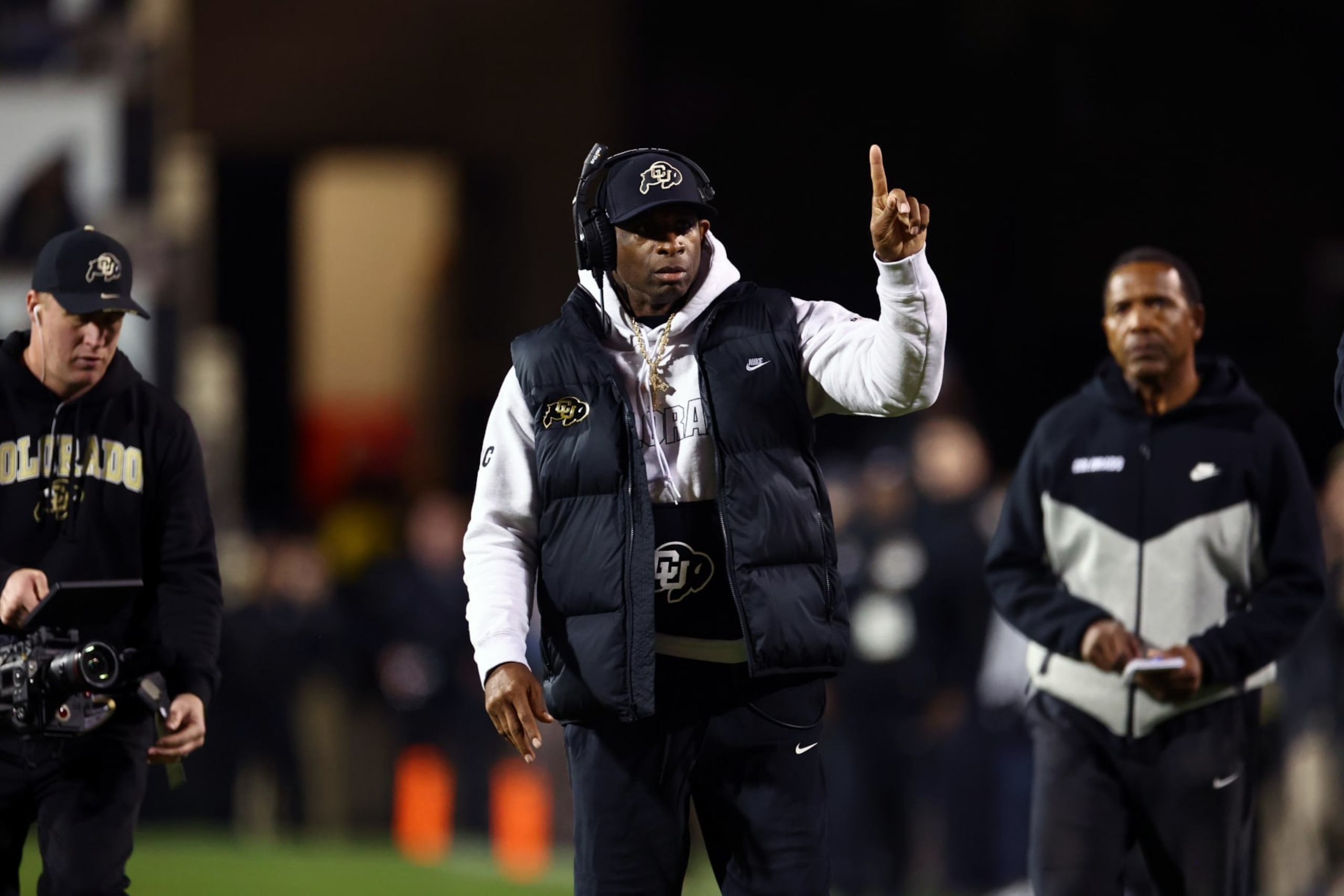 College Football: Colorado head coach Deion Sanders points from the sideline vs Oregon State at Folsom Field. 
Boulder, CO 11/4/2023 
CREDIT: Jamie Schwaberow (Photo by Jamie Schwaberow/Sports Illustrated via Getty Images) 
(Set Number: X164453)
