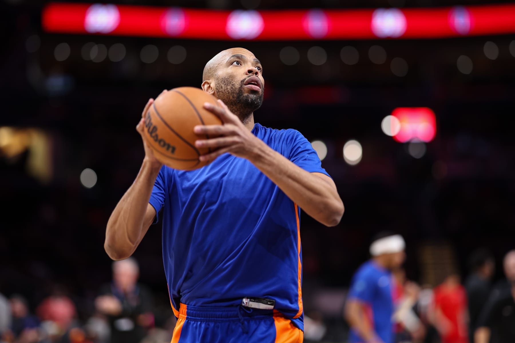 WASHINGTON, DC - JANUARY 06: Taj Gibson #67 of the New York Knicks warms up before the game against the Washington Wizards at Capital One Arena on January 6, 2024 in Washington, DC. NOTE TO USER: User expressly acknowledges and agrees that, by downloading and or using this photograph, User is consenting to the terms and conditions of the Getty Images License Agreement. (Photo by Scott Taetsch/Getty Images)