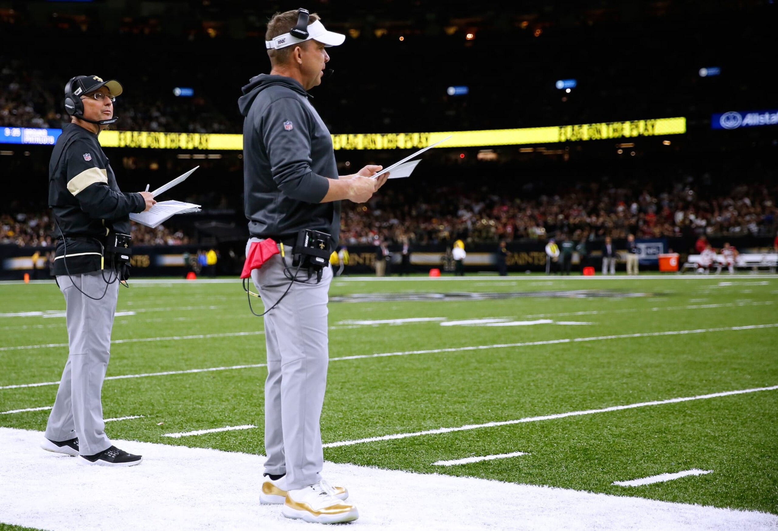 NEW ORLEANS, LOUISIANA - OCTOBER 27: Head coach Sean Payton of the New Orleans Saints and offensive coordinator Pete Carmichael react during a game against the Arizona Cardinals at the Mercedes Benz Superdome on October 27, 2019 in New Orleans, Louisiana. (Photo by Jonathan Bachman/Getty Images) NEW ORLEANS, LOUISIANA - OCTOBER 27: Head coach Sean Payton of the New Orleans Saints and offensive coordinator Pete Carmichael react during a game against the Arizona Cardinals at the Mercedes Benz Superdome on October 27, 2019 in New Orleans, Louisiana. (Photo by Jonathan Bachman/Getty Images)