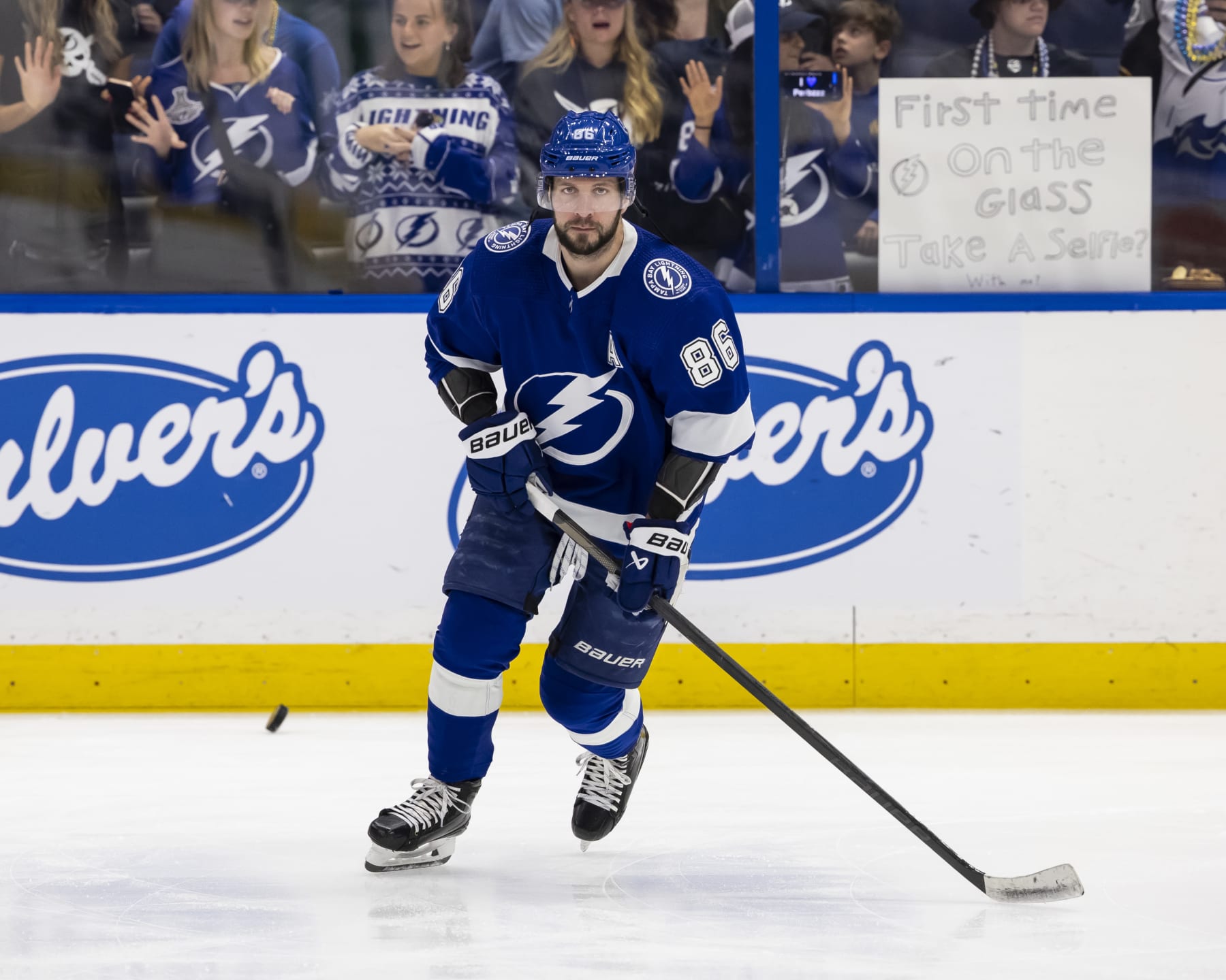 TAMPA, FL - JANUARY 27: Nikita Kucherov #86 of the Tampa Bay Lightning before the game against the New Jersey Devils at Amalie Arena on January 27 2024 in Tampa, Florida. (Photo by Mark LoMoglio/NHLI via Getty Images)