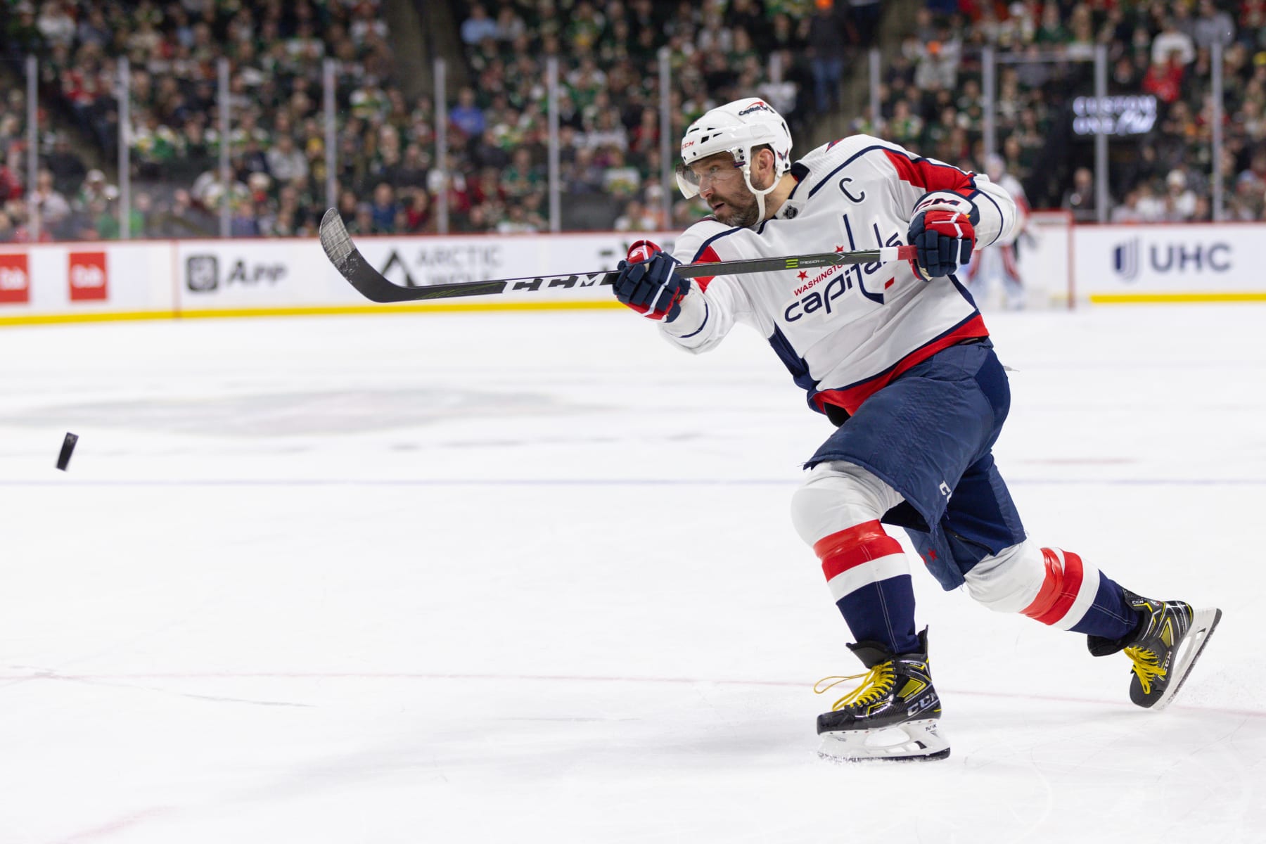SAINT PAUL, MN - JANUARY 23: Washington Capitals left wing Alex Ovechkin (8) shoots the puck during the third period of an NHL game between the Washington Capitals and Minnesota Wild on January 23rd, 2024, at the Xcel Energy Center in Saint Paul, MN. (Photo by Bailey Hillesheim/Icon Sportswire via Getty Images)