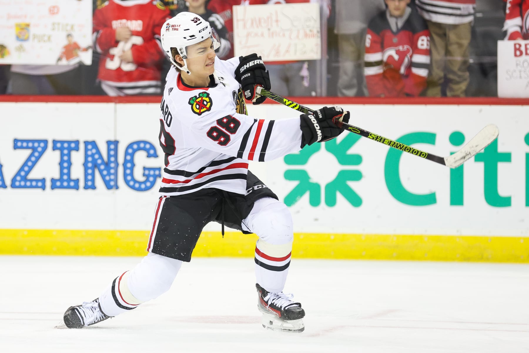 NEWARK, NJ - JANUARY 05: Chicago Blackhawks center Connor Bedard (98) warms up before a game between the Chicago Blackhawks and New Jersey Devils on January 05, 2024 at Prudential Center in the Newark, New Jersey. (Photo by Andrew Mordzynski/Icon Sportswire via Getty Images)
