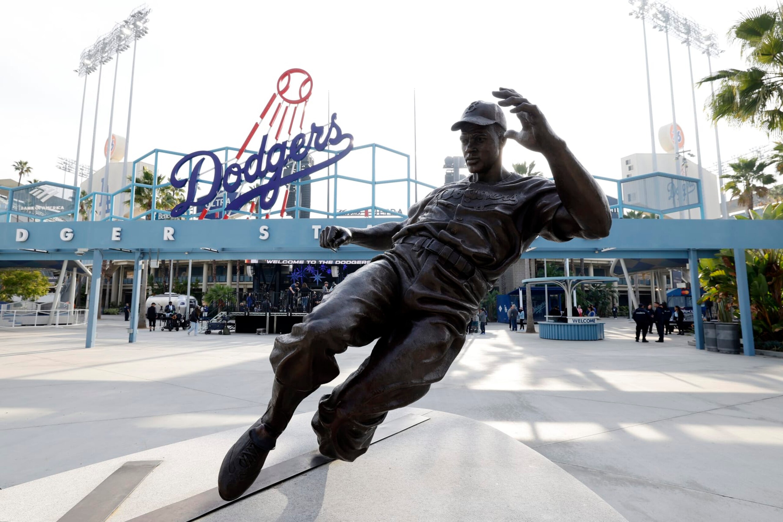 LOS ANGELES, CALIFORNIA - DECEMBER 27: General view of a Jackie Robinson statue prior to a press conference introducing Yoshinobu Yamamoto at Dodger Stadium on December 27, 2023 in Los Angeles, California. (Photo by Kevork Djansezian/Getty Images)