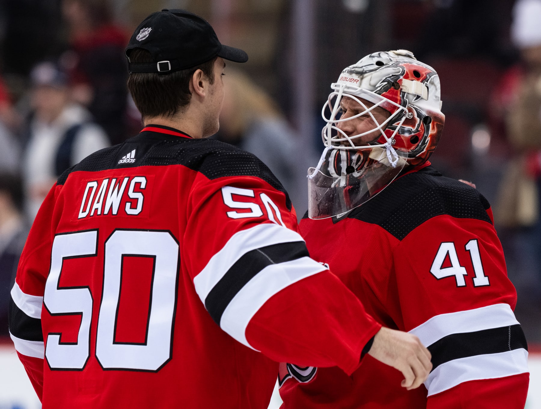 Nico Daws and Vitek Vanecek of the New Jersey Devils.