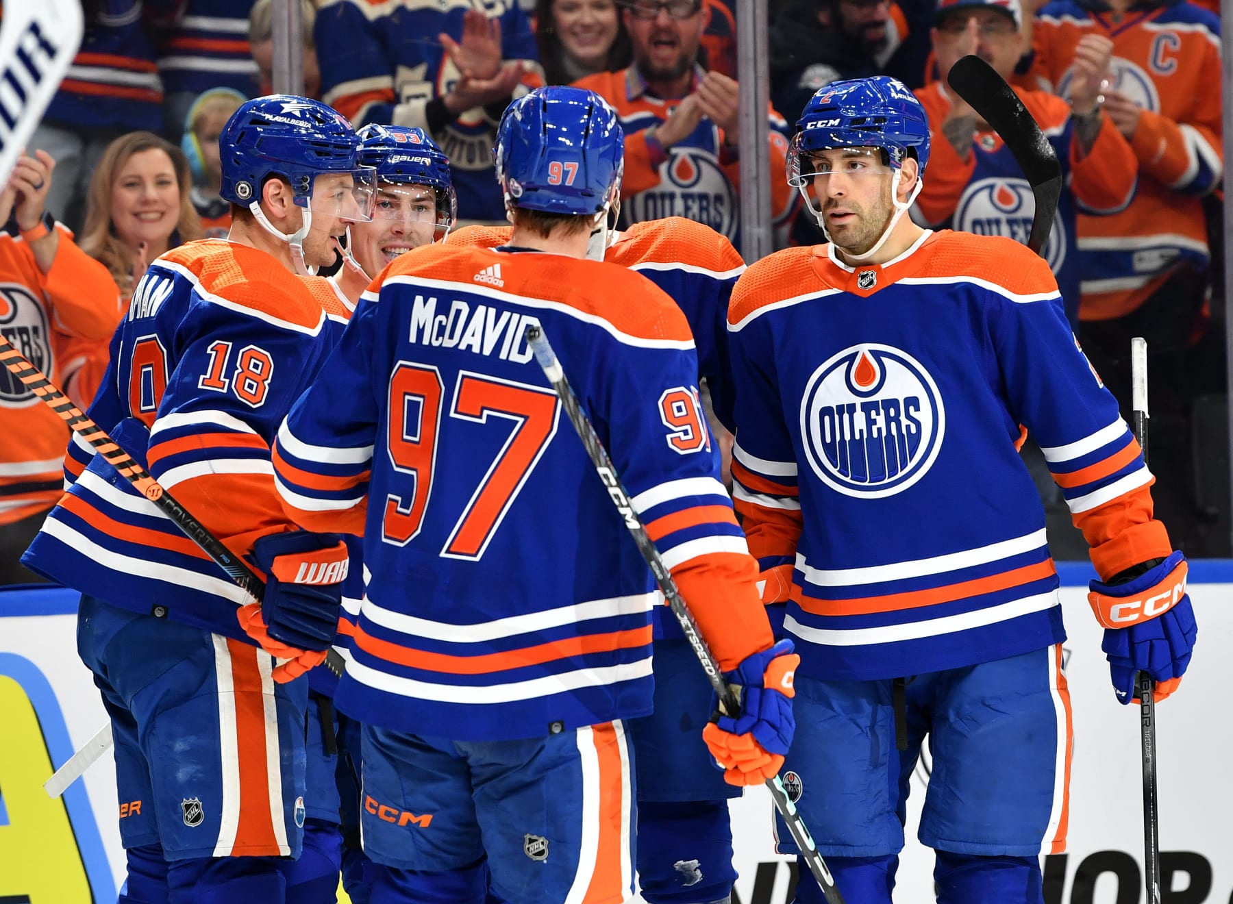 EDMONTON, CANADA - JANUARY 27: Ryan Nugent-Hopkins #93 of the Edmonton Oilers celebrates after his first period goal against the Nashville Predators with teammates Connor McDavid #97, Zach Hyman #18, Evan Bouchard #2 and Leon Draisaitl #29 at Rogers Place on January 27, 2024, in Edmonton, Alberta, Canada. (Photo by Andy Devlin/NHLI via Getty Images)
