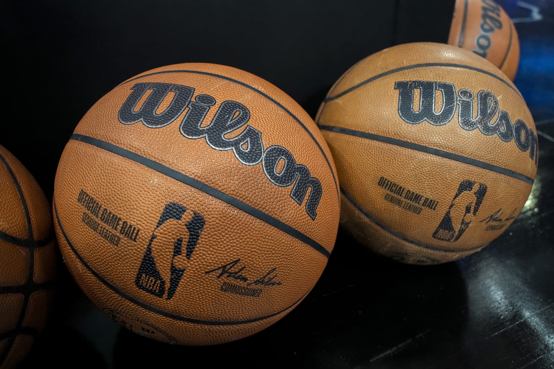 DETROIT, MICHIGAN - DECEMBER 26: Wilson brand NBA official game ball basketballs are pictured during the game between the Detroit Pistons and Brooklyn Nets at Little Caesars Arena on December 26, 2023 in Detroit, Michigan. NOTE TO USER: User expressly acknowledges and agrees that, by downloading and or using this photograph, User is consenting to the terms and conditions of the Getty Images License Agreement. (Photo by Nic Antaya/Getty Images)