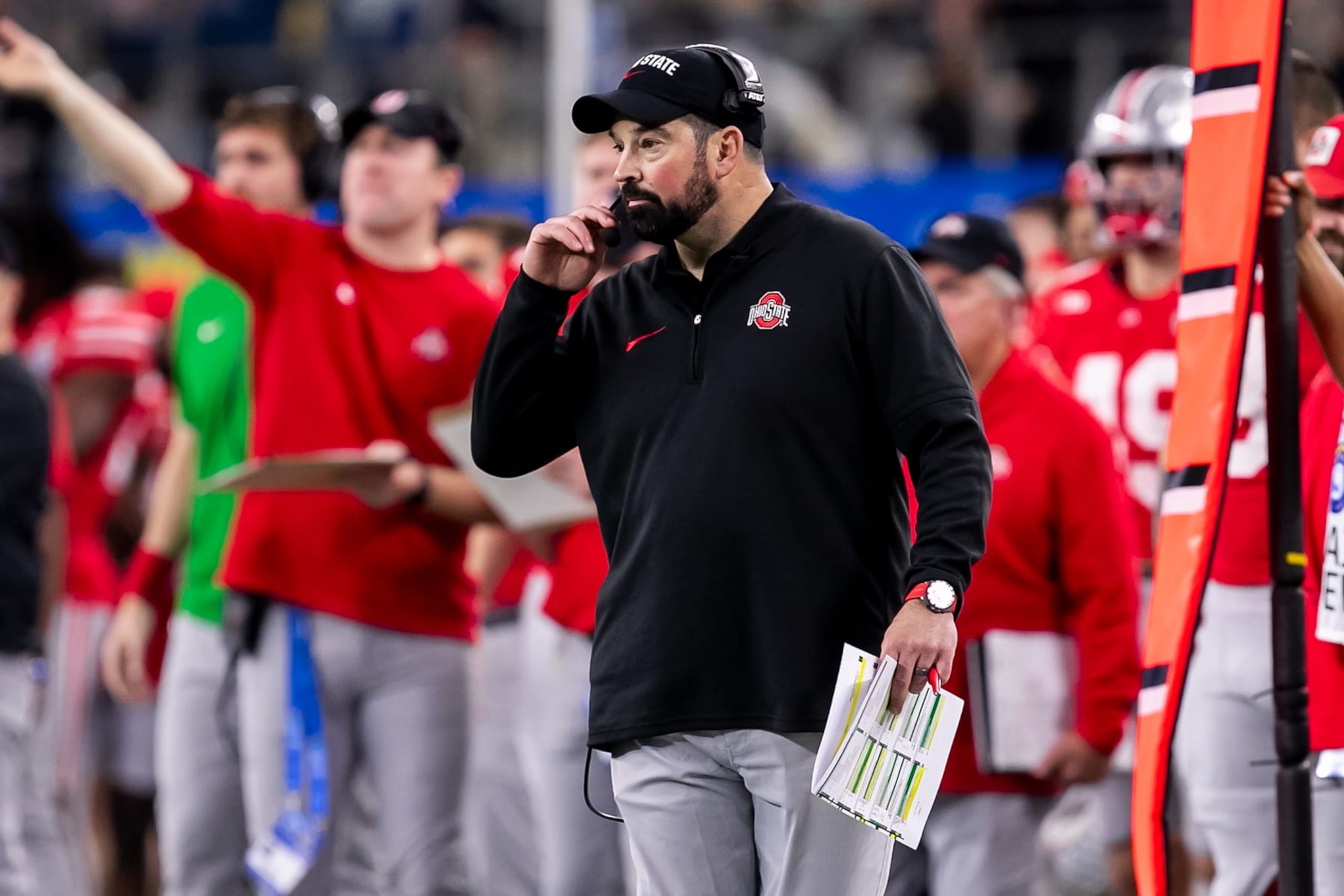 ARLINGTON, TX - DECEMBER 29: Ohio State head coach Ryan Day calls a play during the 88th annual Cotton Bowl game between the Missouri Tigers and the Ohio State Buckeyes on Friday, December 29, 2023 at AT&T Stadium in Arlington, TX. (Photo by Nick Tre. Smith/Icon Sportswire via Getty Images) ARLINGTON, TX - DECEMBER 29: Ohio State head coach Ryan Day calls a play during the 88th annual Cotton Bowl game between the Missouri Tigers and the Ohio State Buckeyes on Friday, December 29, 2023 at AT&T Stadium in Arlington, TX. (Photo by Nick Tre. Smith/Icon Sportswire via Getty Images)