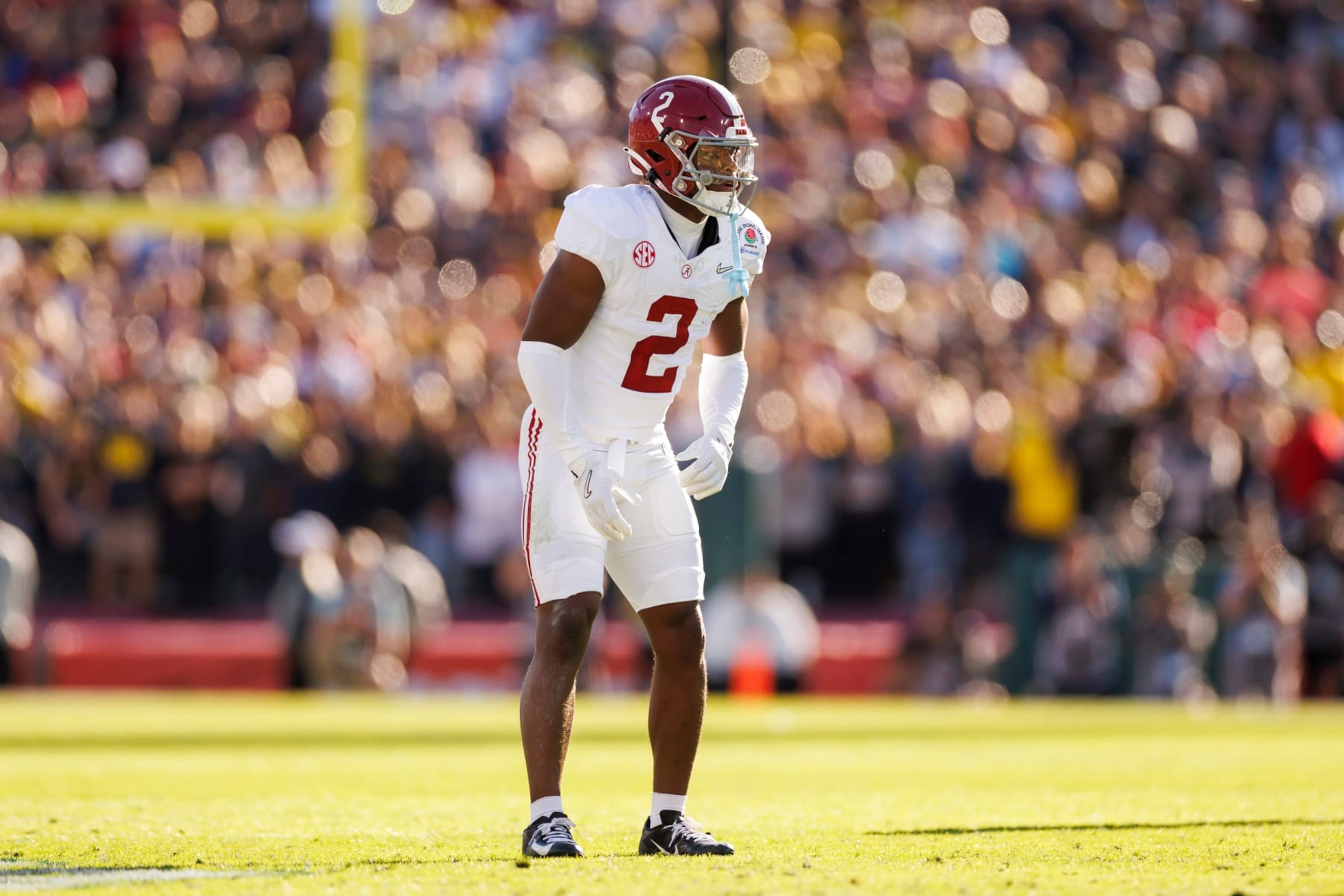 PASADENA, CALIFORNIA - JANUARY 01: Defensive back Caleb Downs #2 of the Alabama Crimson Tide defends in coverage during the CFP Semifinal Rose Bowl Game against the Michigan Wolverines at Rose Bowl Stadium on January 1, 2024 in Pasadena, California. (Photo by Ryan Kang/Getty Images)